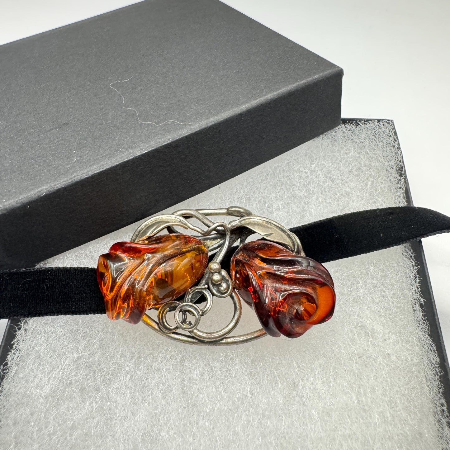 Vintage Hand Carved Golden Baltic Resin Rose Brooch Pin 925 Sterling Silver