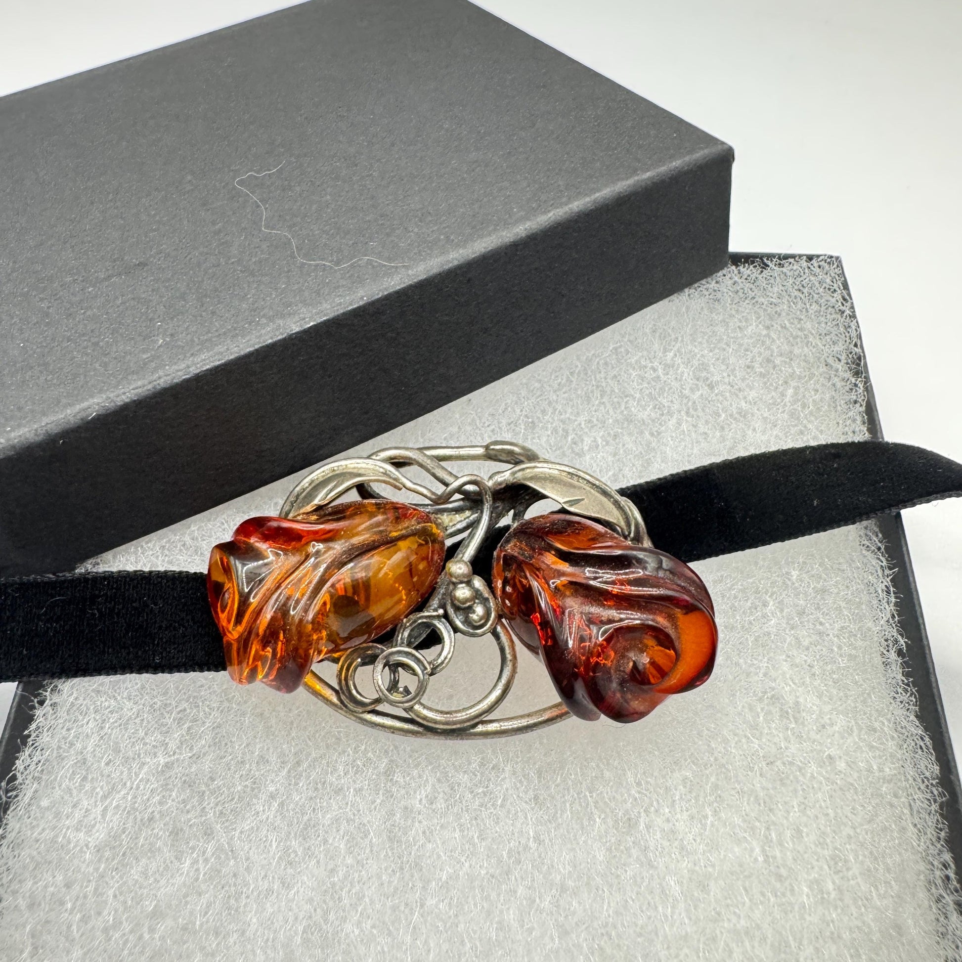 Vintage Hand Carved Golden Baltic Resin Rose Brooch Pin 925 Sterling Silver