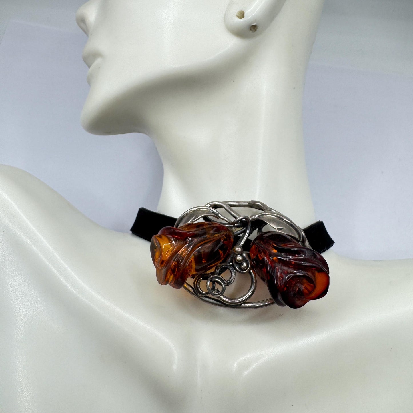 Vintage Hand Carved Golden Baltic Resin Rose Brooch Pin 925 Sterling Silver