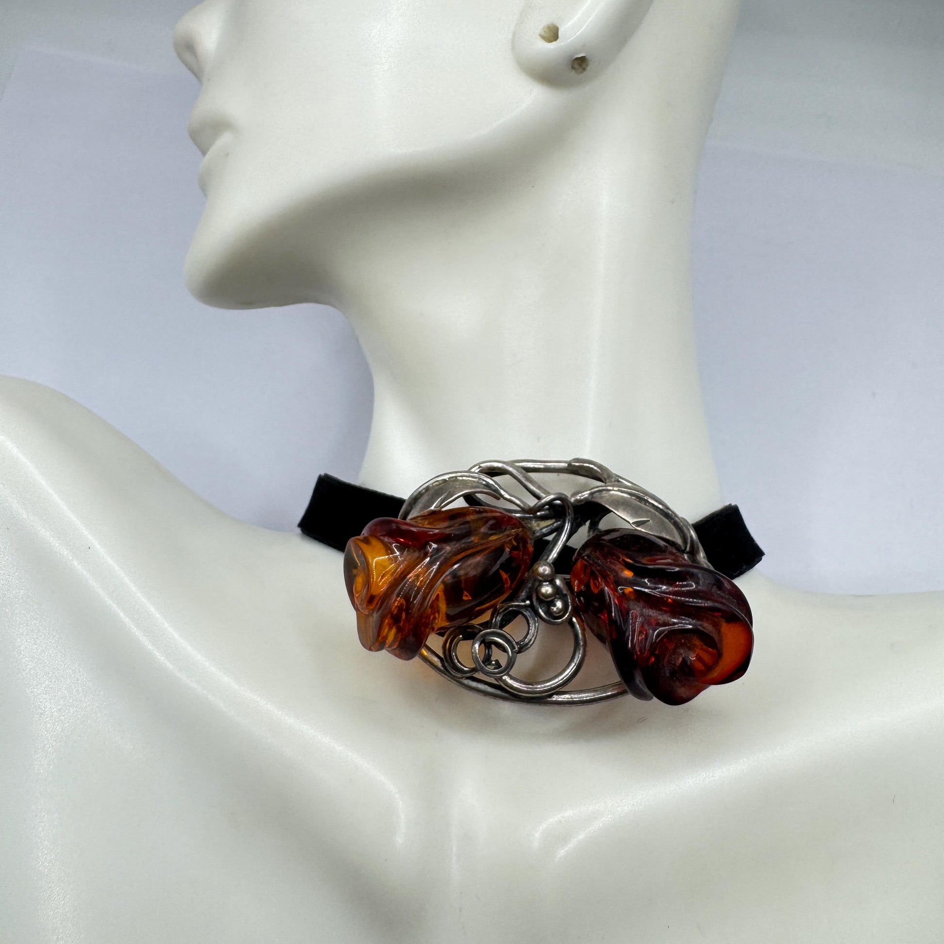 Vintage Hand Carved Golden Baltic Resin Rose Brooch Pin 925 Sterling Silver