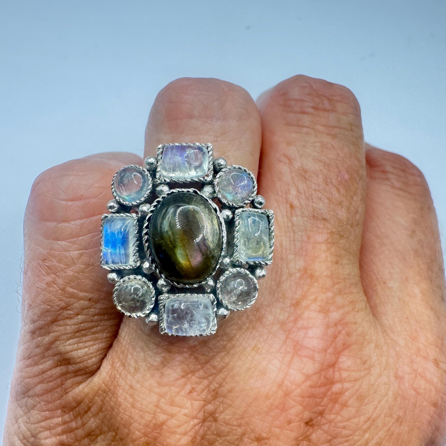 Vintage White Rainbow Moonstone Ring 925 Sterling Silver