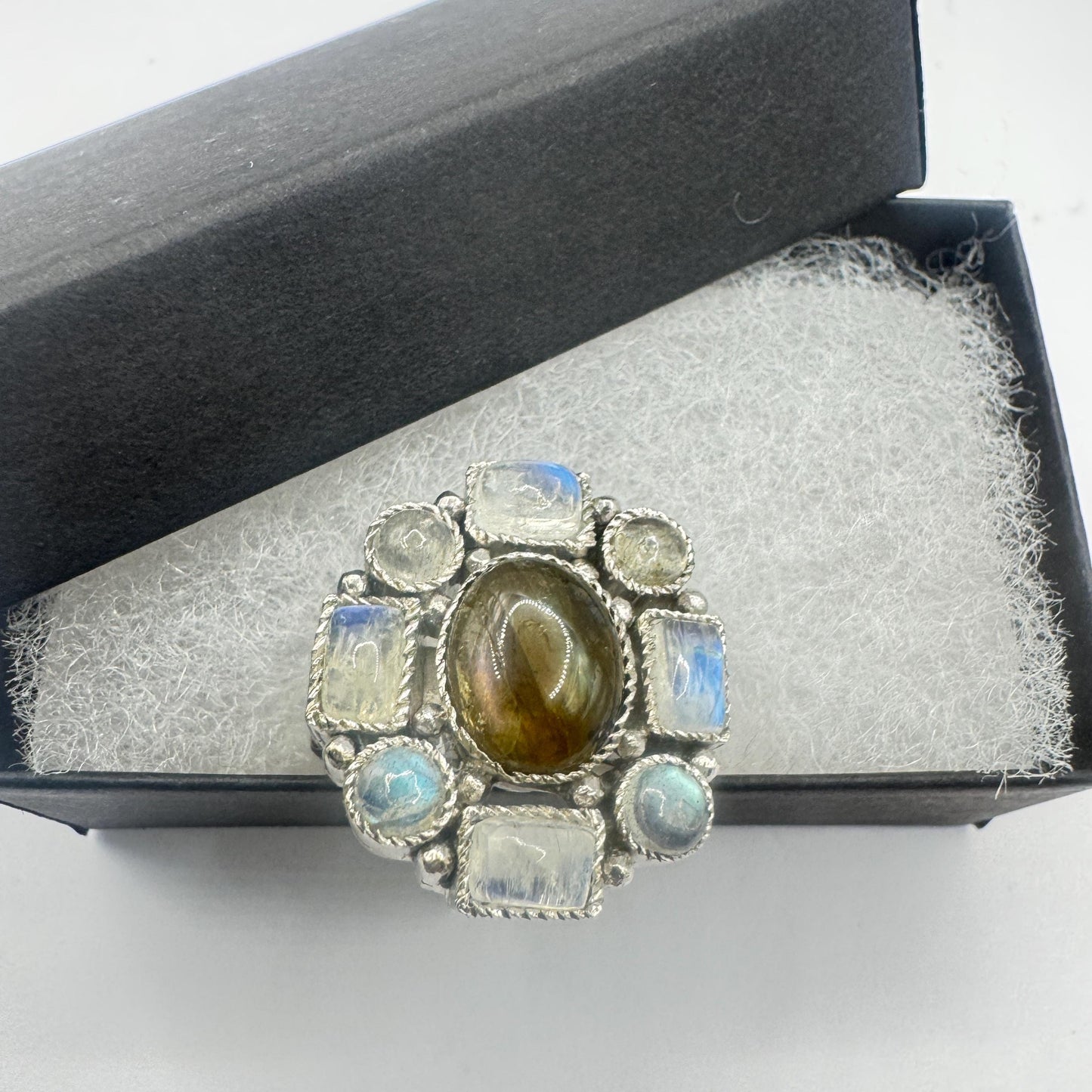 Vintage White Rainbow Moonstone Ring 925 Sterling Silver