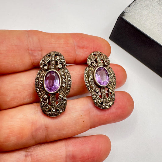 Vintage Marcasite Purple Amethyst 925 Sterling Silver Clip On Button Earrings