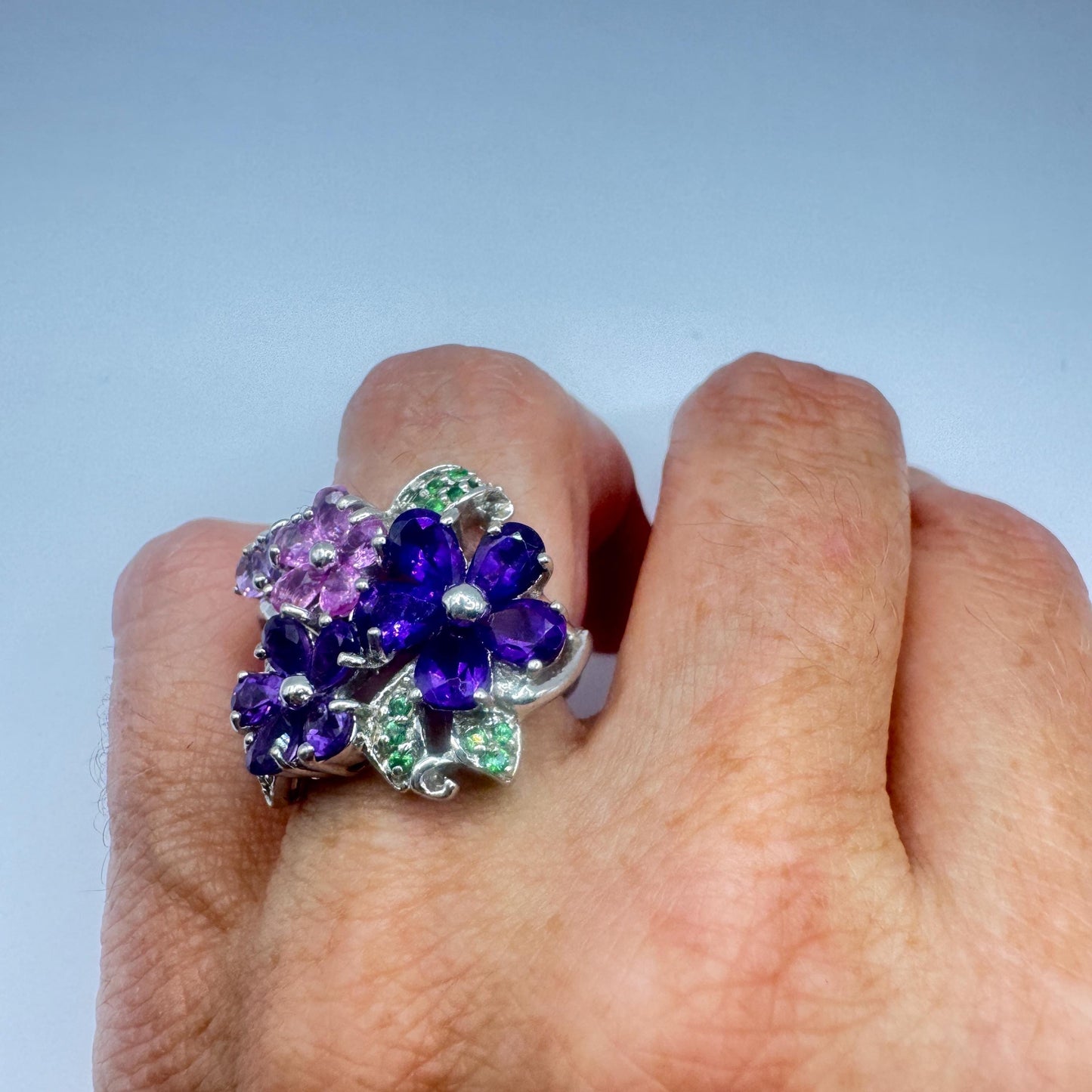 Vintage Purple Amethyst and Tourmaline Flower Ring 925 Sterling Silver Size 6