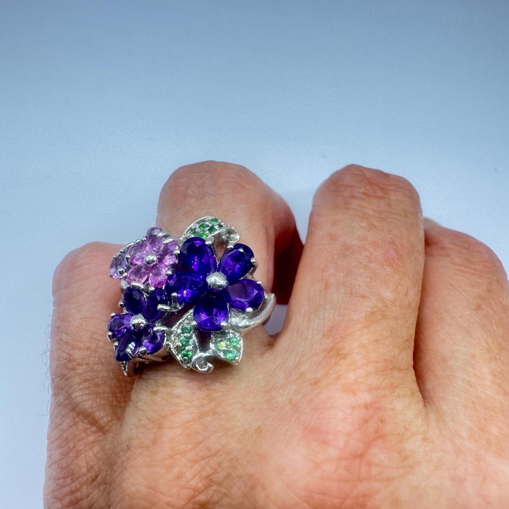 Vintage Purple Amethyst and Tourmaline Flower Ring 925 Sterling Silver Size 6