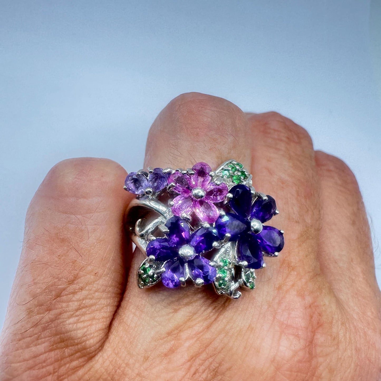 Vintage Purple Amethyst and Tourmaline Flower Ring 925 Sterling Silver Size 6