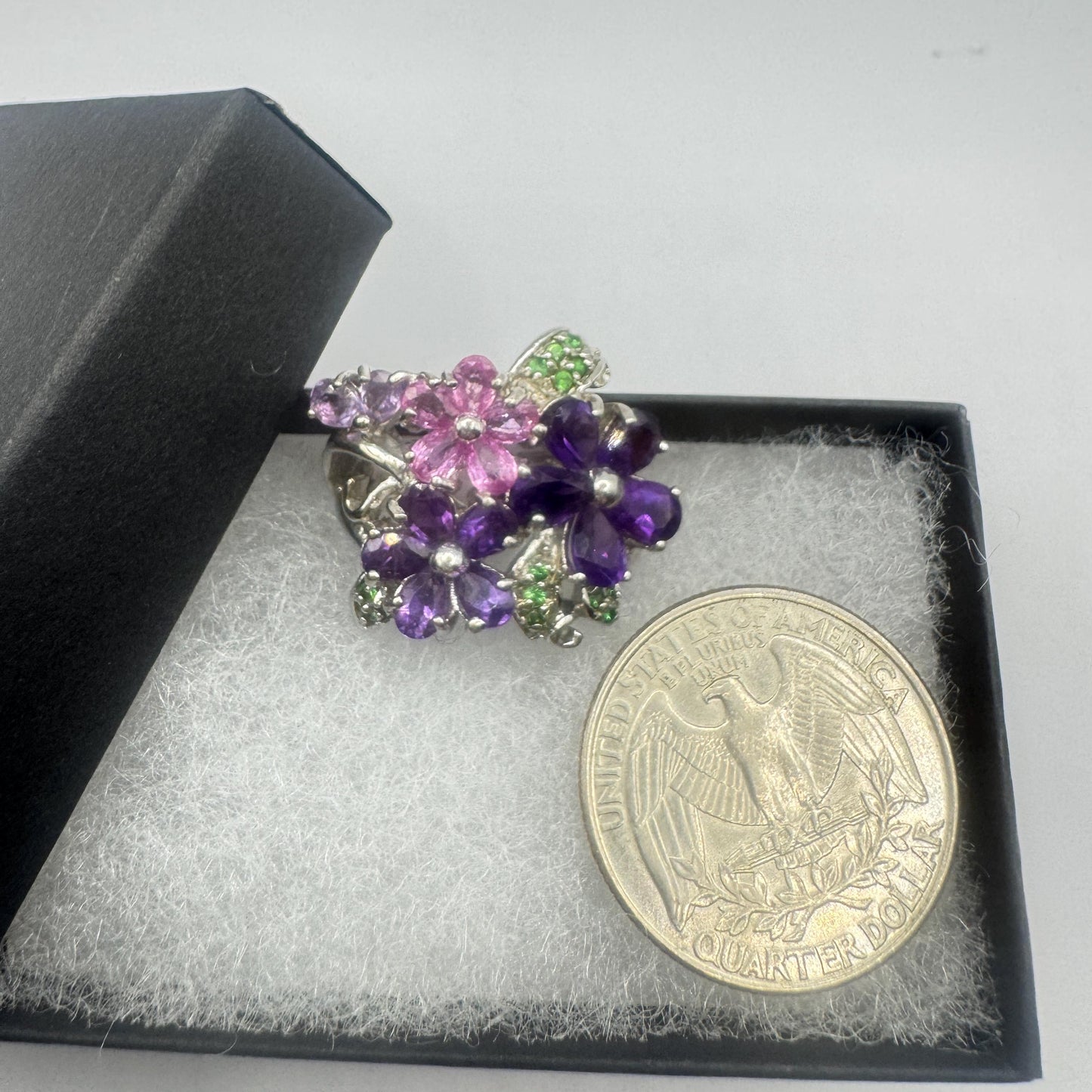 Vintage Purple Amethyst and Tourmaline Flower Ring 925 Sterling Silver Size 6