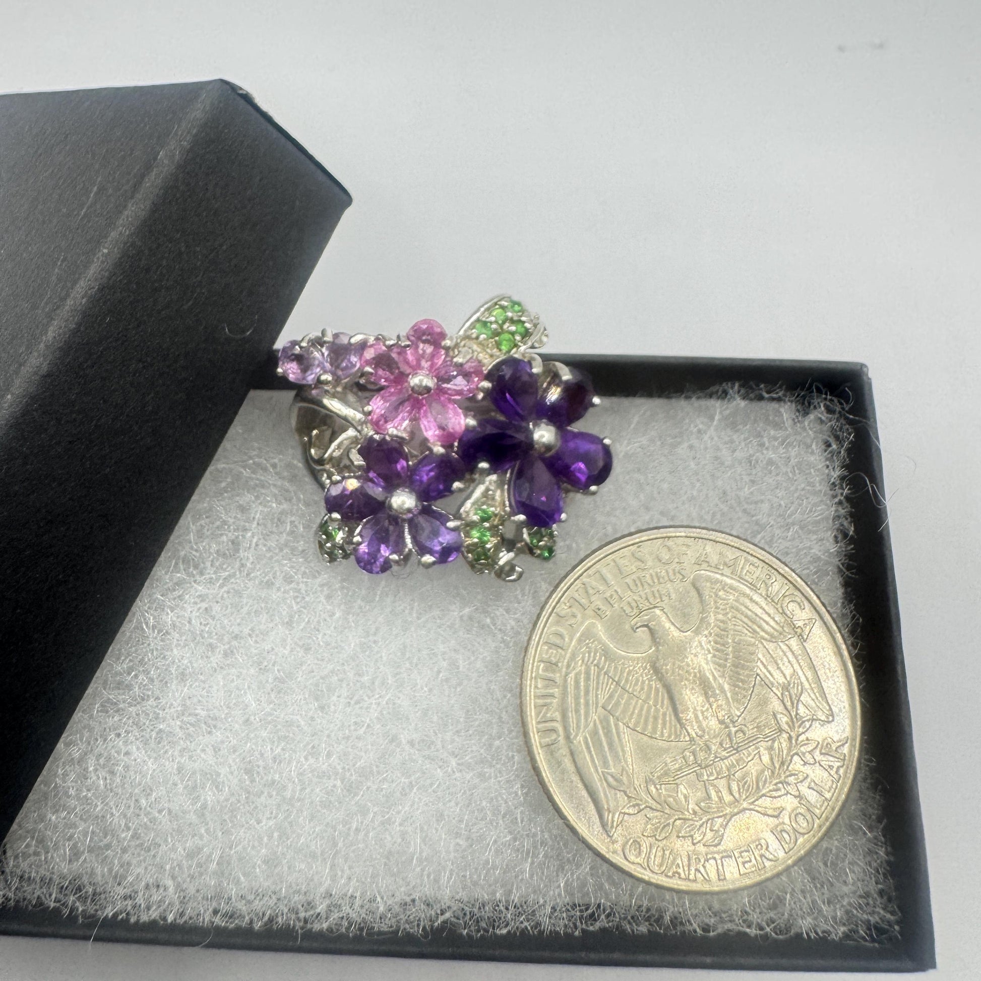 Vintage Purple Amethyst and Tourmaline Flower Ring 925 Sterling Silver Size 6