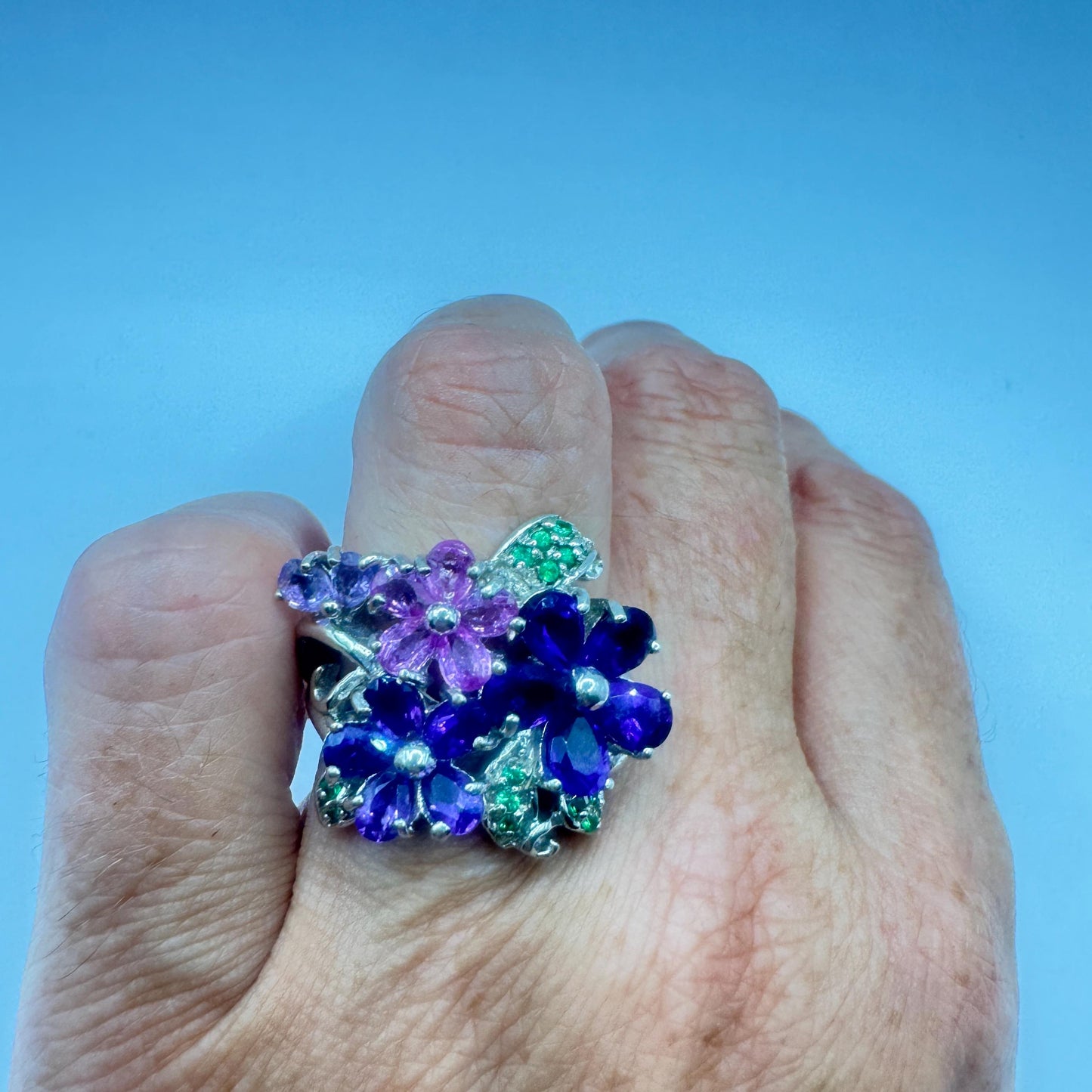 Vintage Purple Amethyst and Tourmaline Flower Ring 925 Sterling Silver Size 6