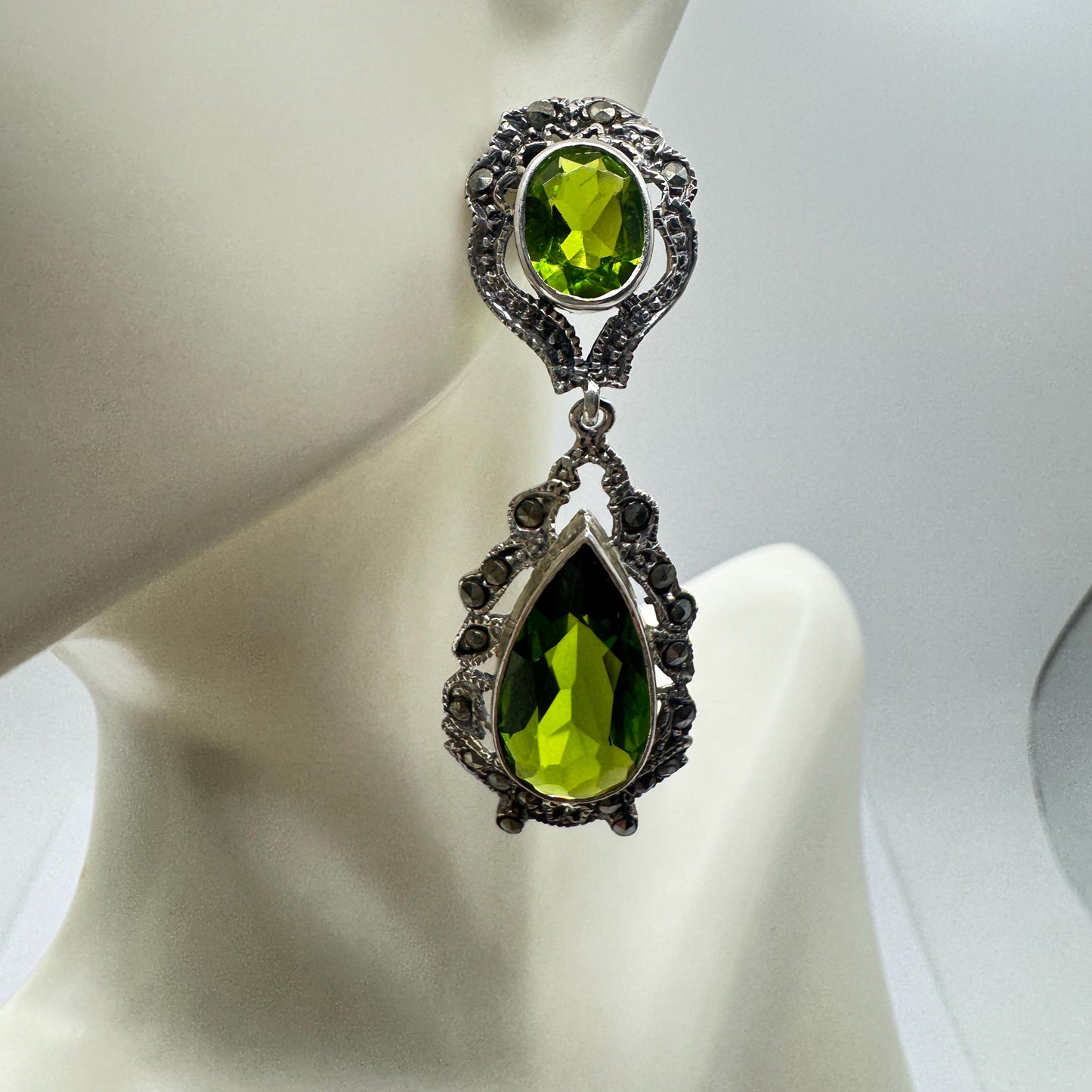 Antique Vintage Green Peridot Glass Silver Dangle Earrings