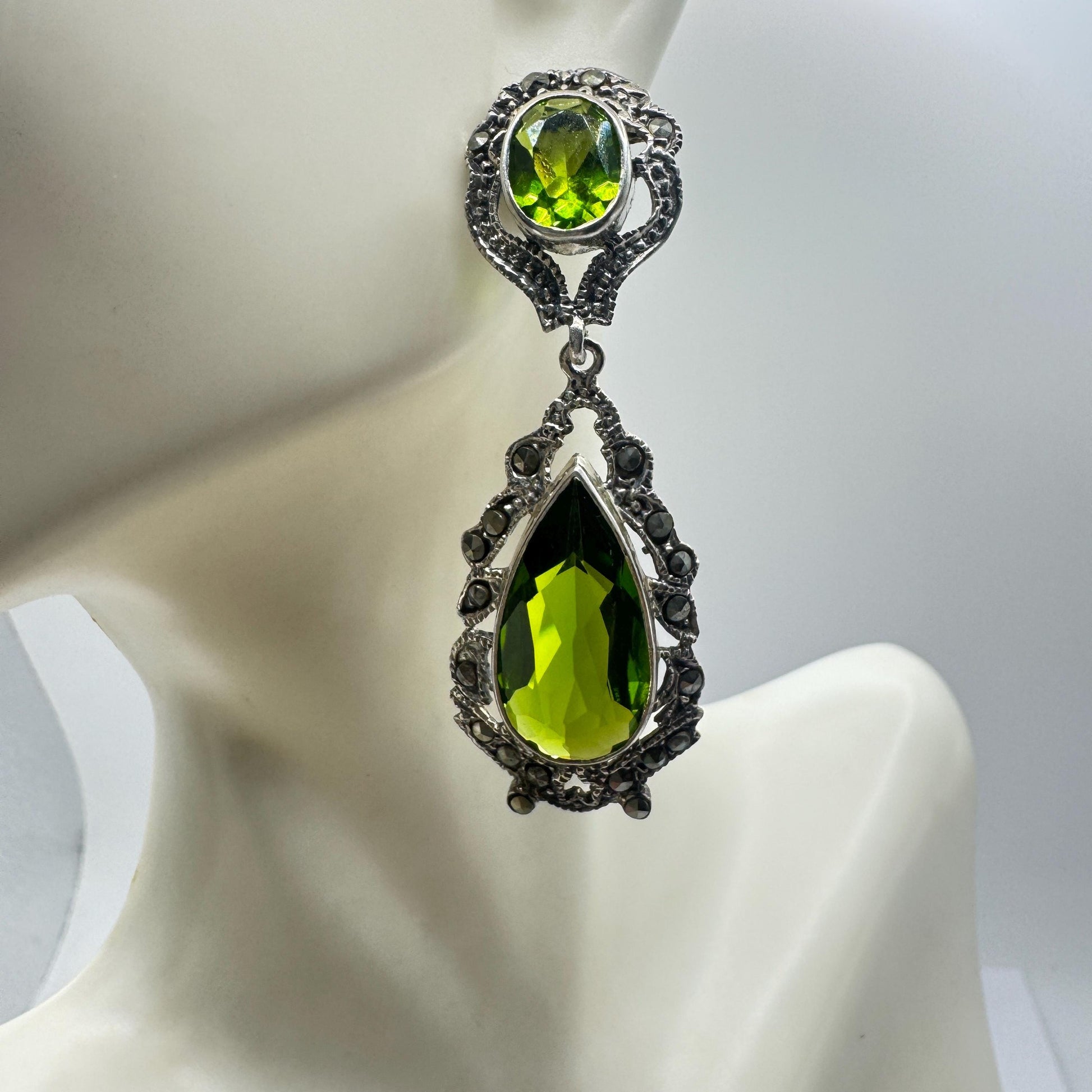 Antique Vintage Green Peridot Glass Silver Dangle Earrings