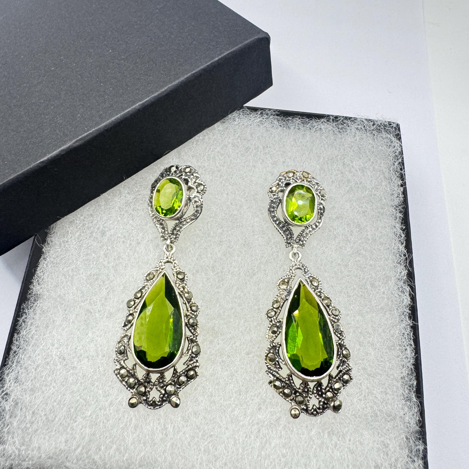 Antique Vintage Green Peridot Glass Silver Dangle Earrings