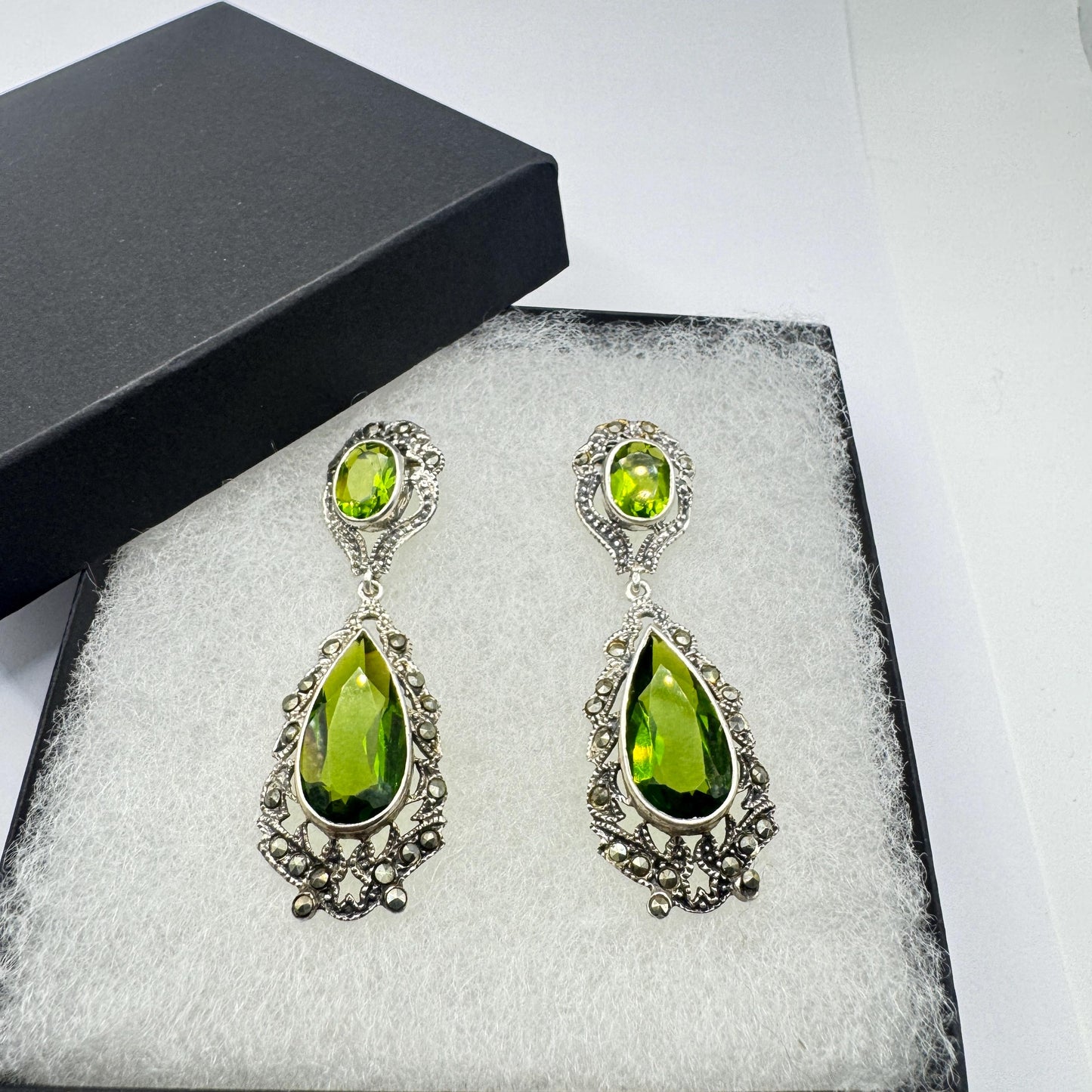 Antique Vintage Green Peridot Glass Silver Dangle Earrings