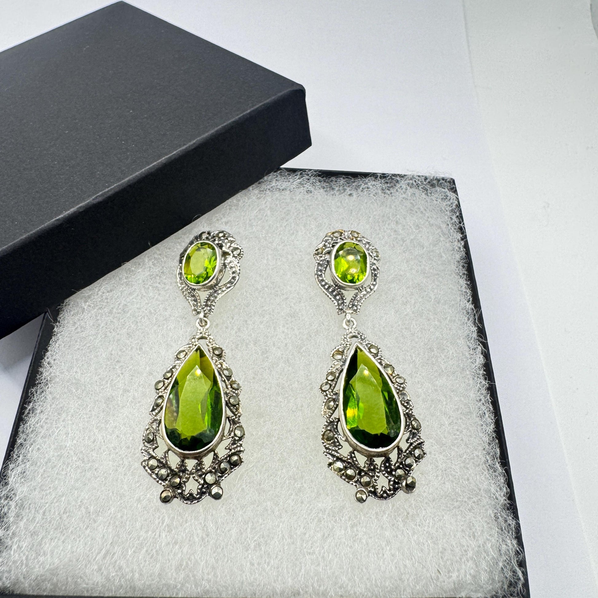 Antique Vintage Green Peridot Glass Silver Dangle Earrings