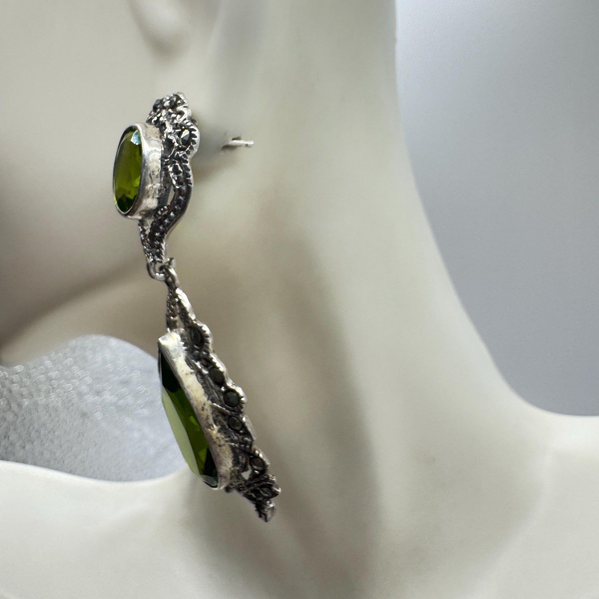 Antique Vintage Green Peridot Glass Silver Dangle Earrings