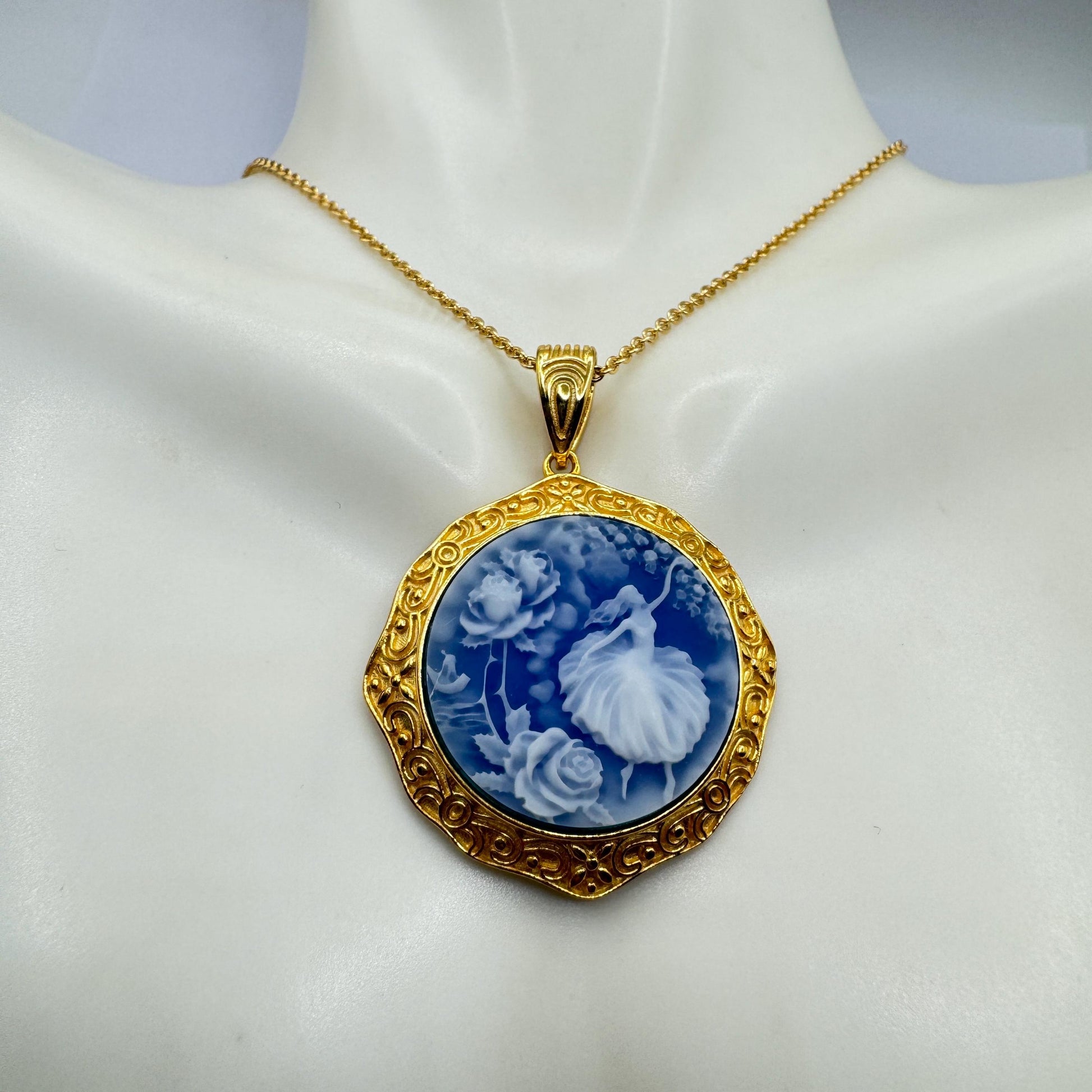 Vintage Blue Ballerina Cameo Flowers Gold 925 Sterling Silver Necklace Choker