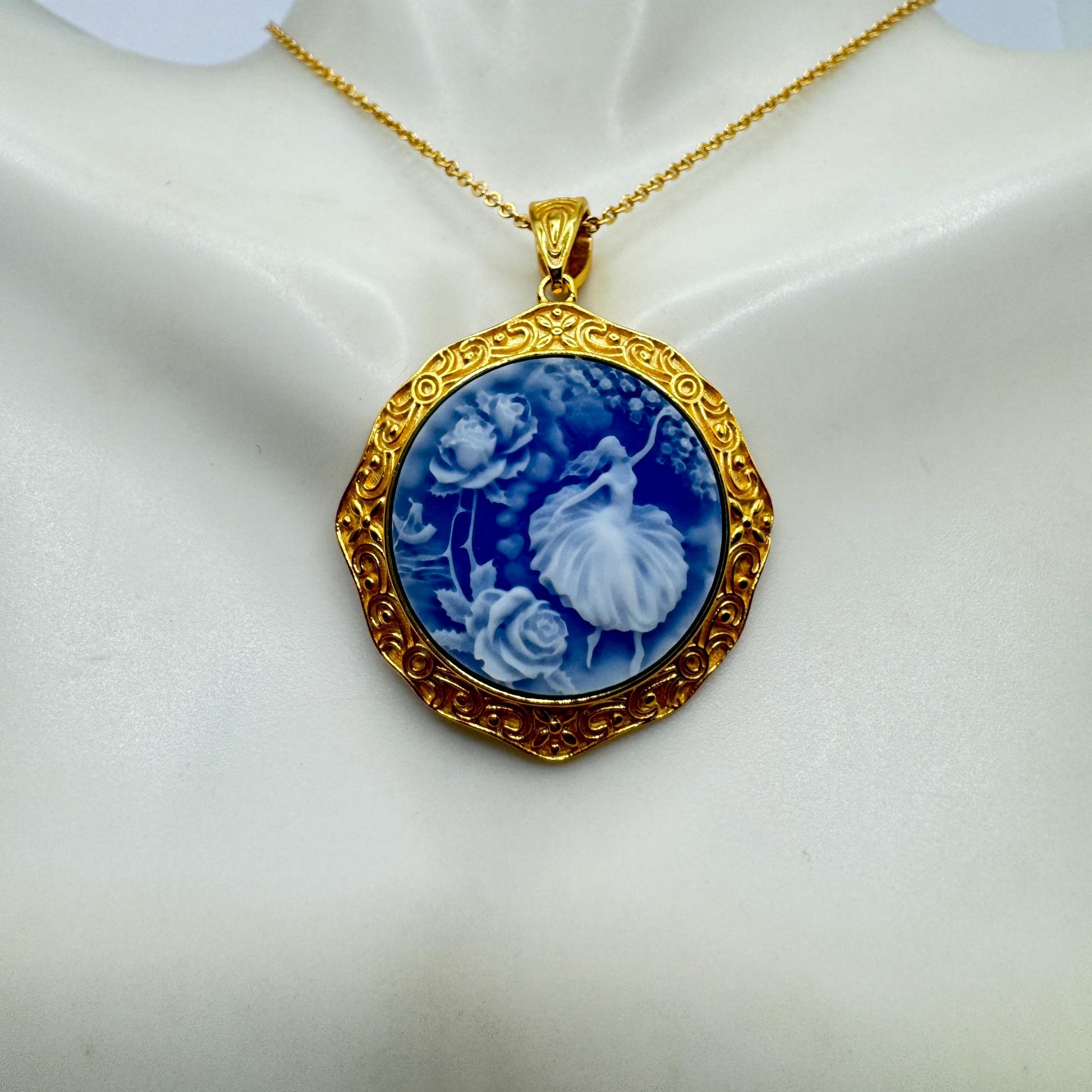 Vintage Blue Ballerina Cameo Flowers Gold 925 Sterling Silver Necklace Choker