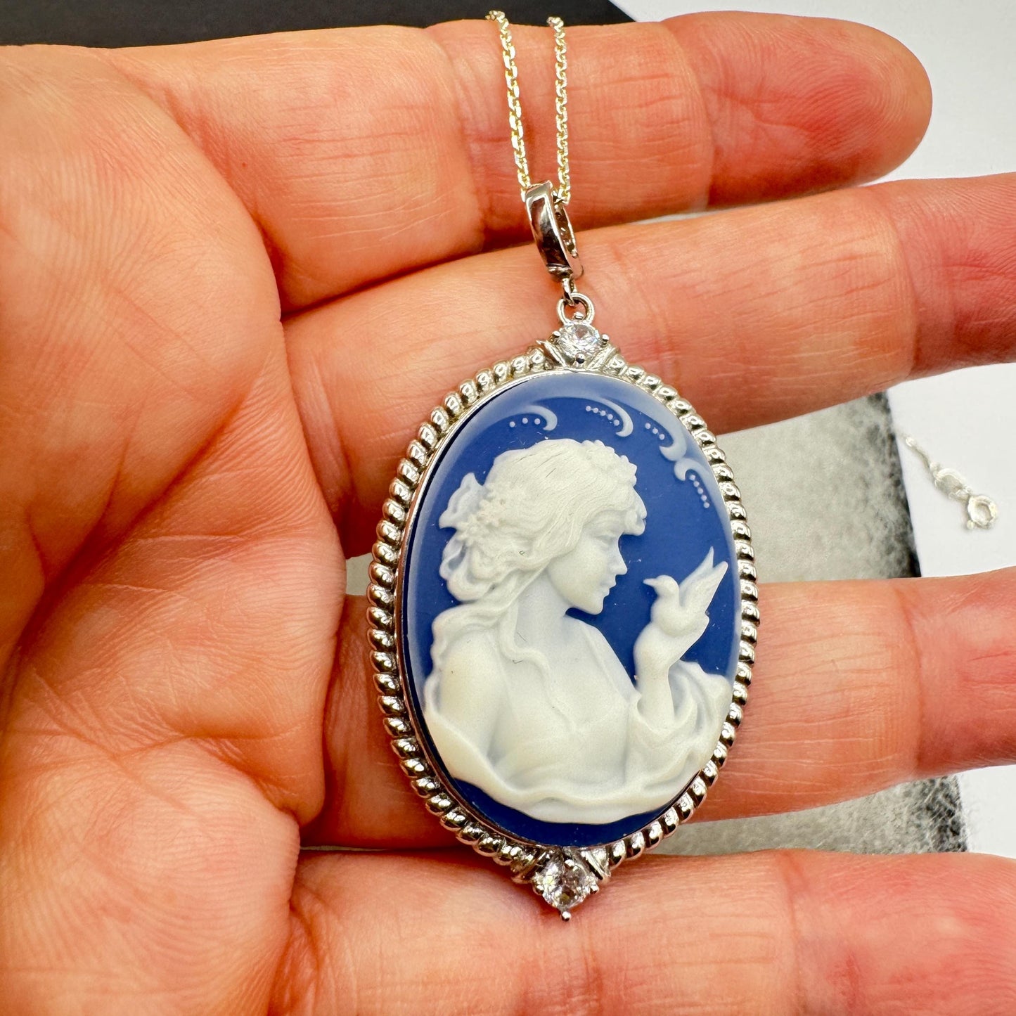 Vintage Moon Goddess Genuine Blue Onyx Cameo Sterling Silver Necklace Choker
