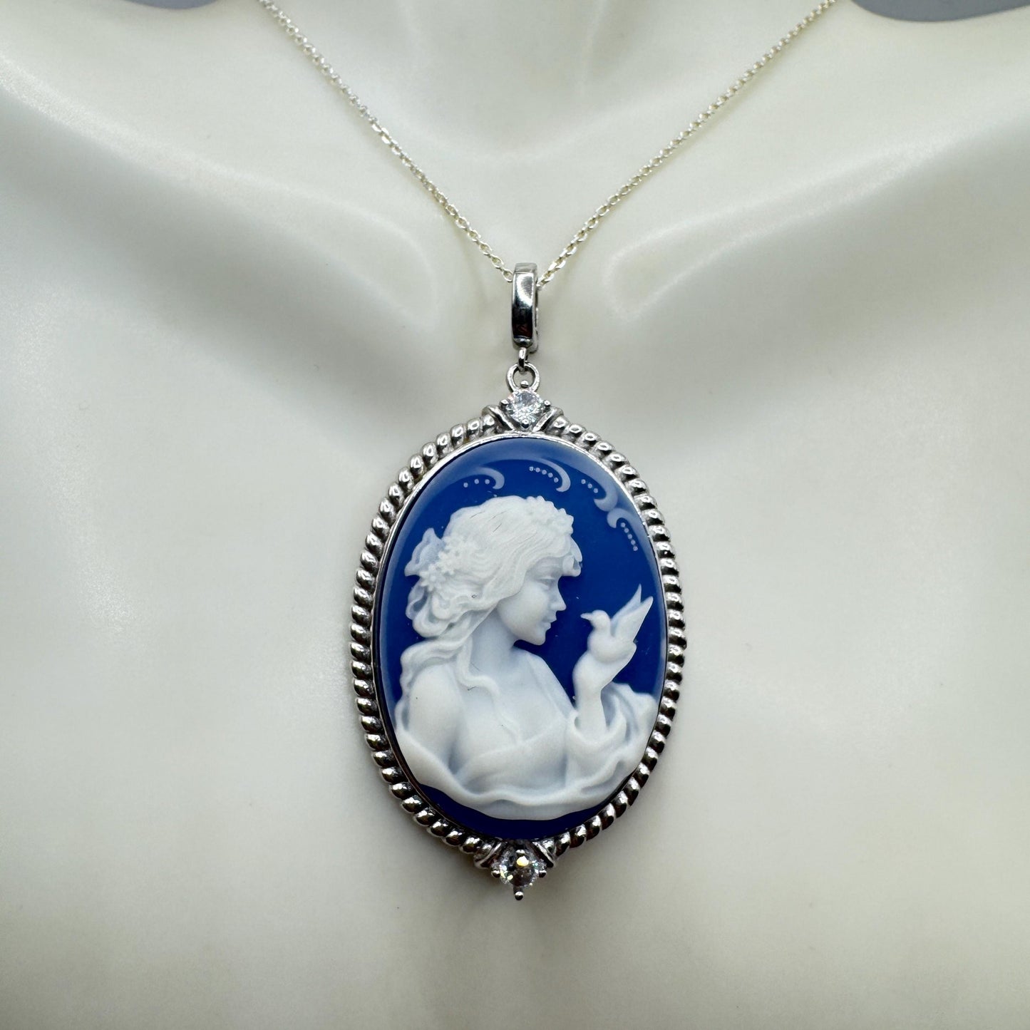 Vintage Moon Goddess Genuine Blue Onyx Cameo Sterling Silver Necklace Choker