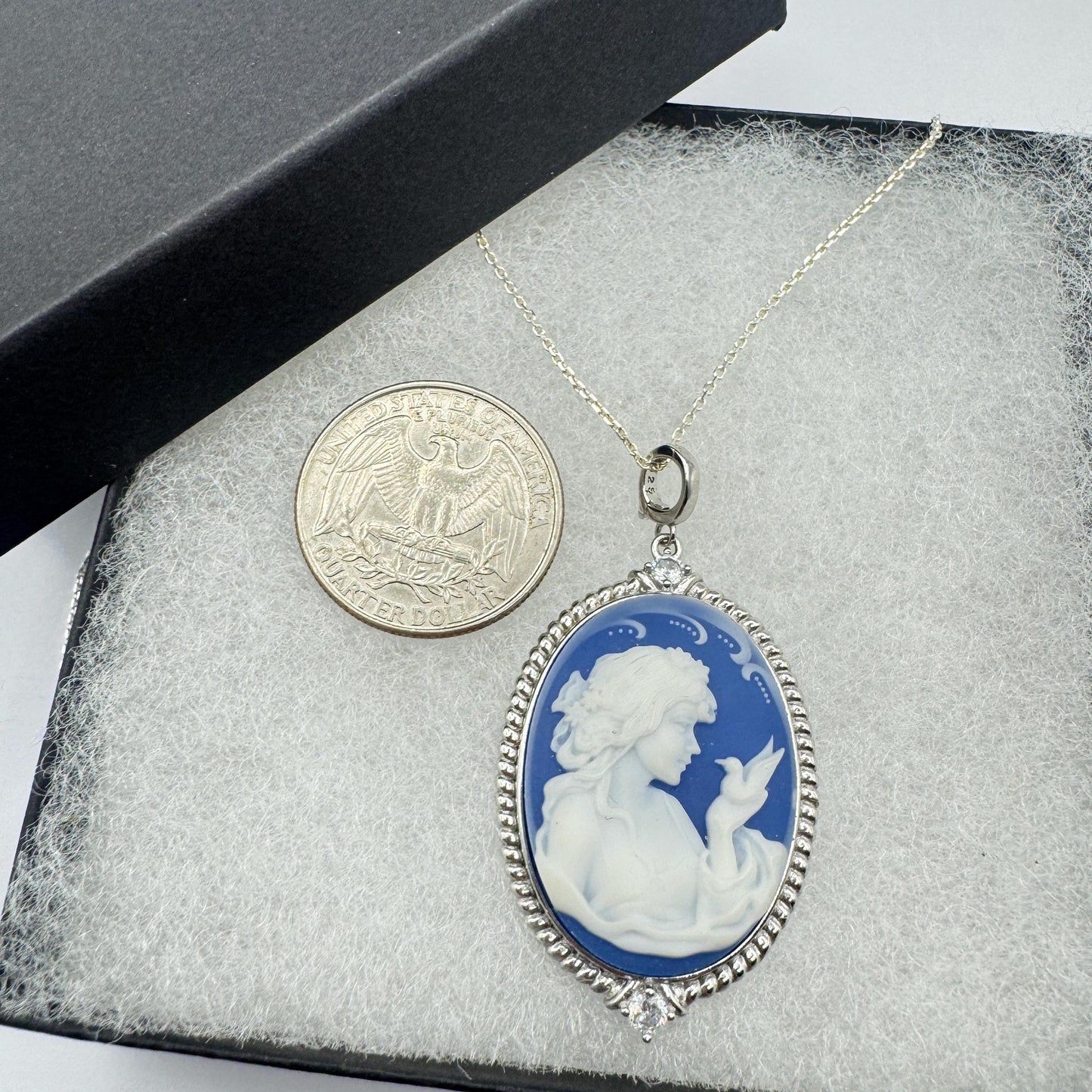 Vintage Moon Goddess Genuine Blue Onyx Cameo Sterling Silver Necklace Choker