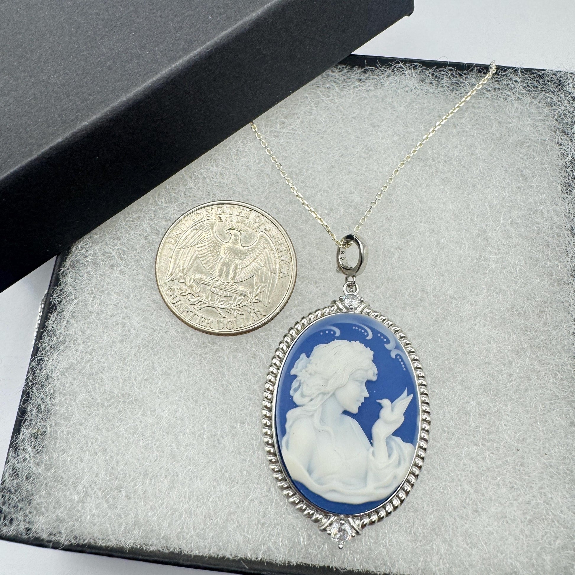 Vintage Moon Goddess Genuine Blue Onyx Cameo Sterling Silver Necklace Choker