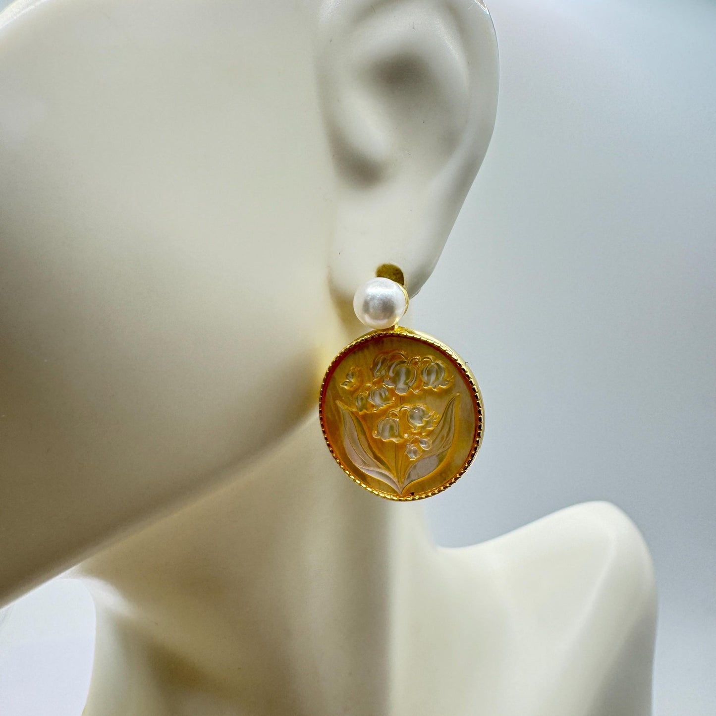 Vintage Abalone Lily Valley Cameo Golden 925 Sterling Silver Earrings