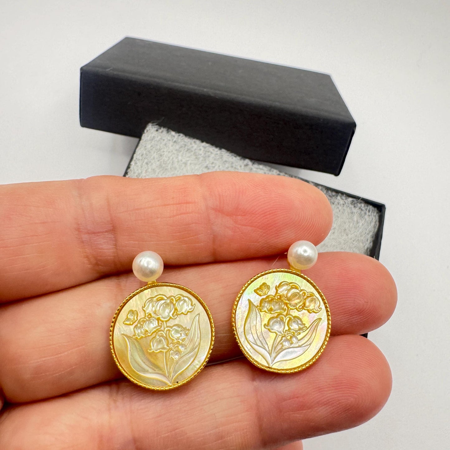 Vintage Abalone Lily Valley Cameo Golden 925 Sterling Silver Earrings