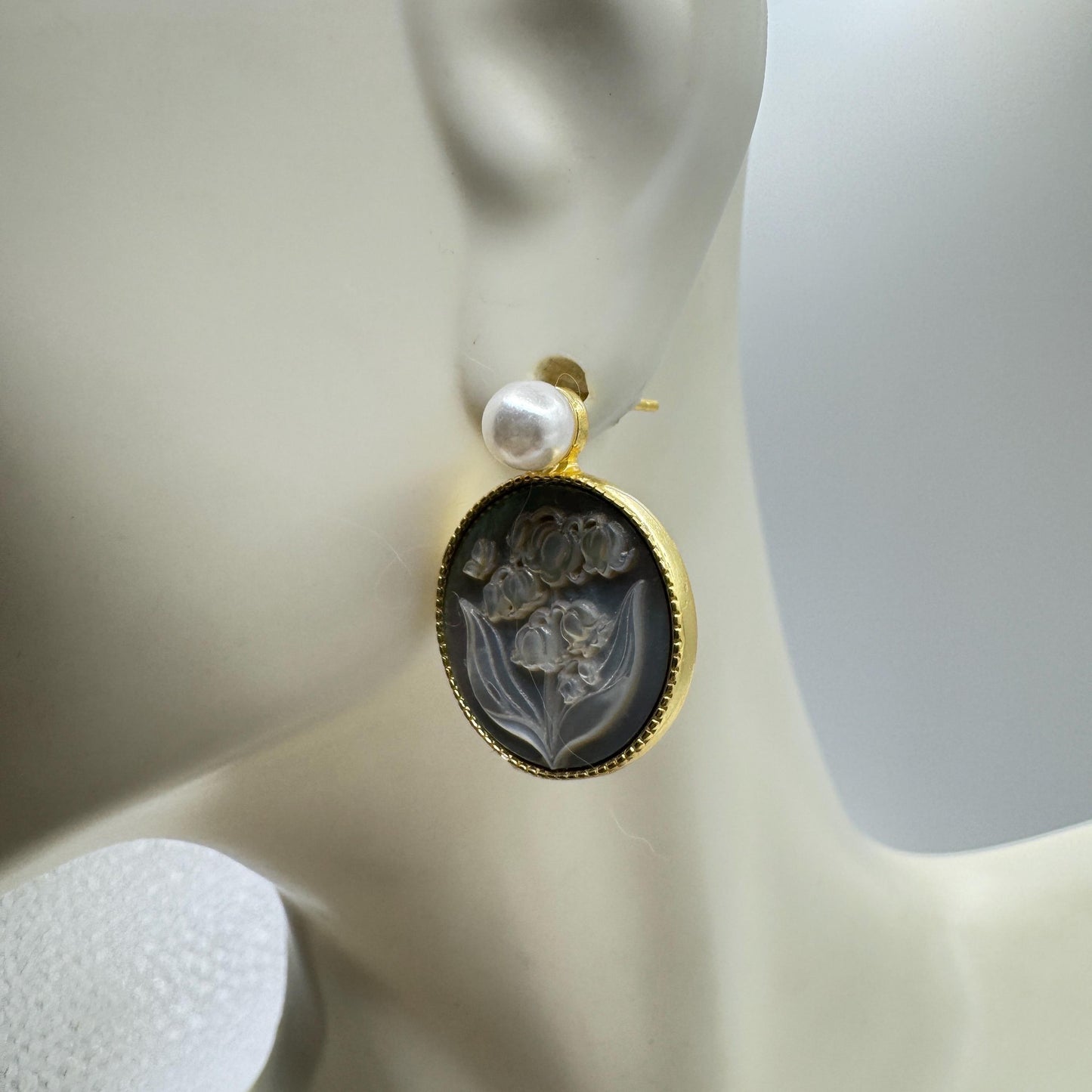 Vintage Abalone Lily Valley Cameo Golden 925 Sterling Silver Earrings