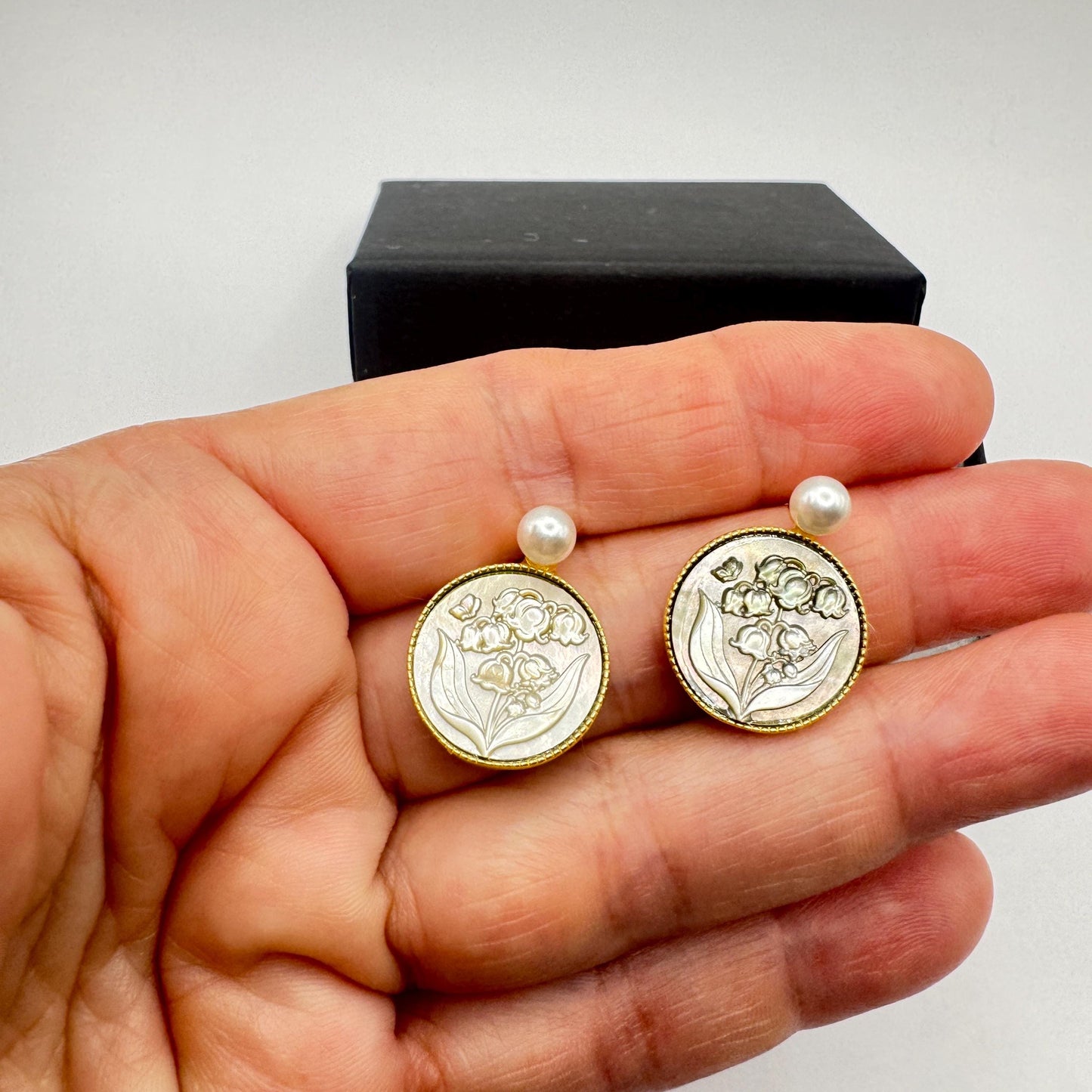Vintage Abalone Lily Valley Cameo Golden 925 Sterling Silver Earrings