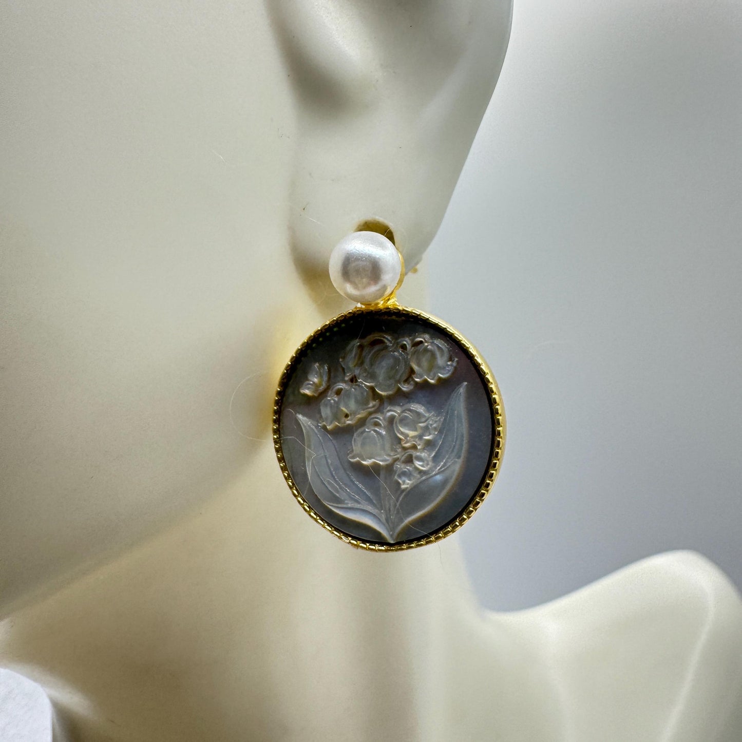 Vintage Abalone Lily Valley Cameo Golden 925 Sterling Silver Earrings