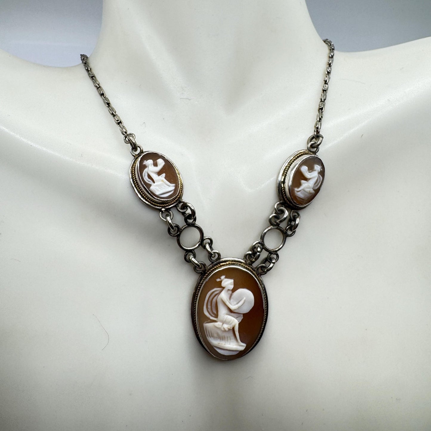 Vintage Genuine Shell Cameo Sterling Silver Necklace Choker