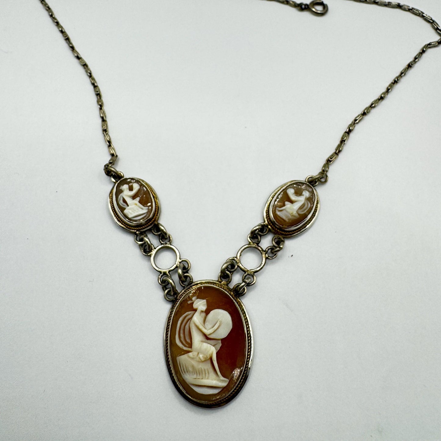 Vintage Genuine Shell Cameo Sterling Silver Necklace Choker