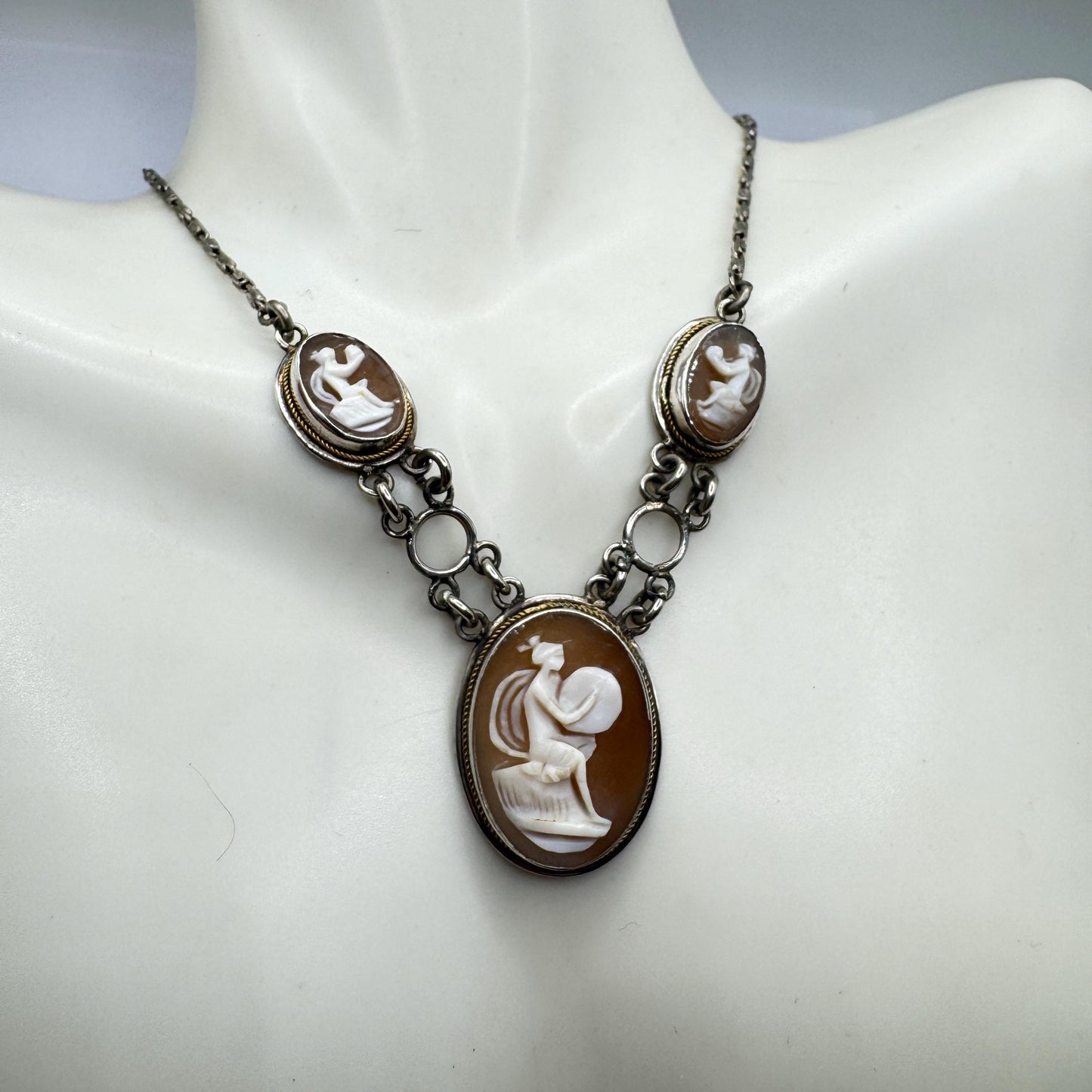 Vintage Genuine Shell Cameo Sterling Silver Necklace Choker