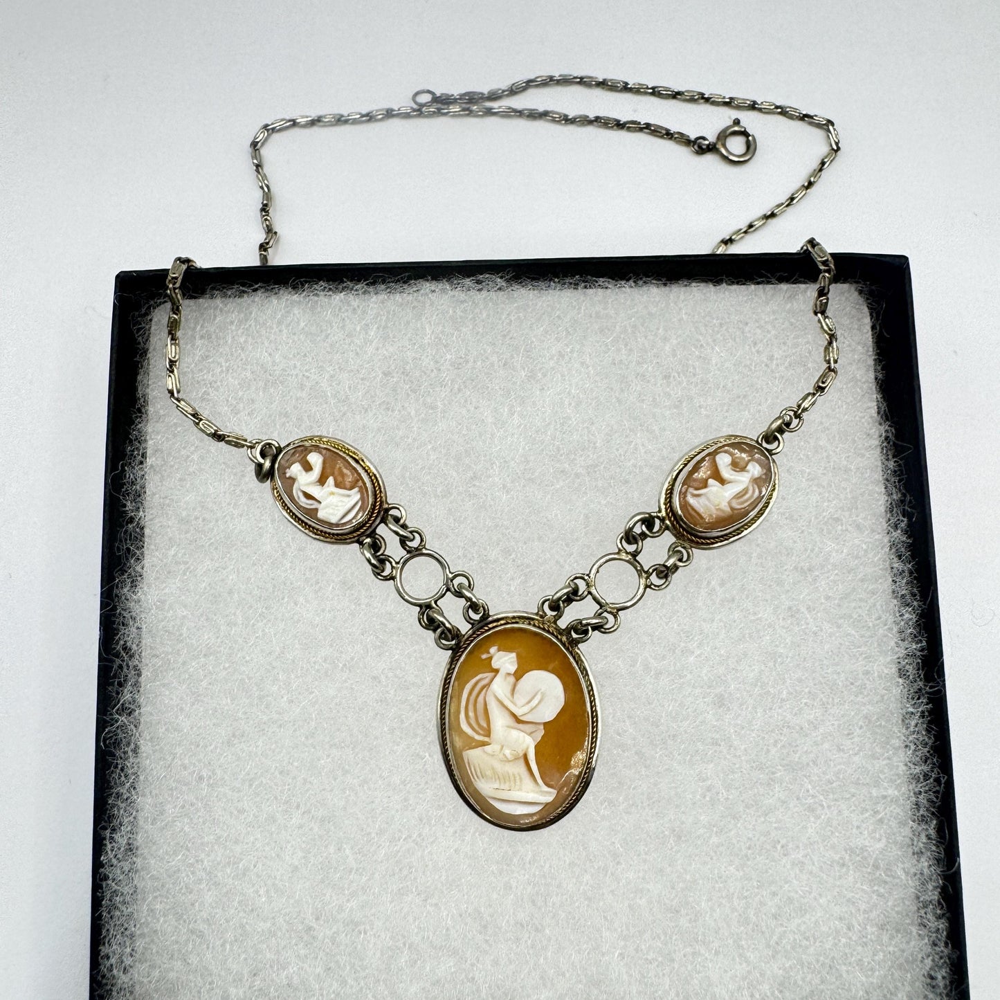 Vintage Genuine Shell Cameo Sterling Silver Necklace Choker
