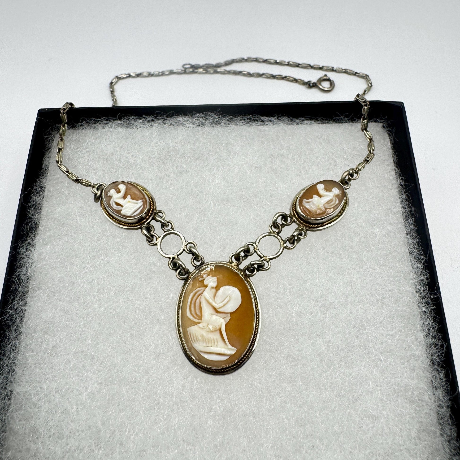 Vintage Genuine Shell Cameo Sterling Silver Necklace Choker