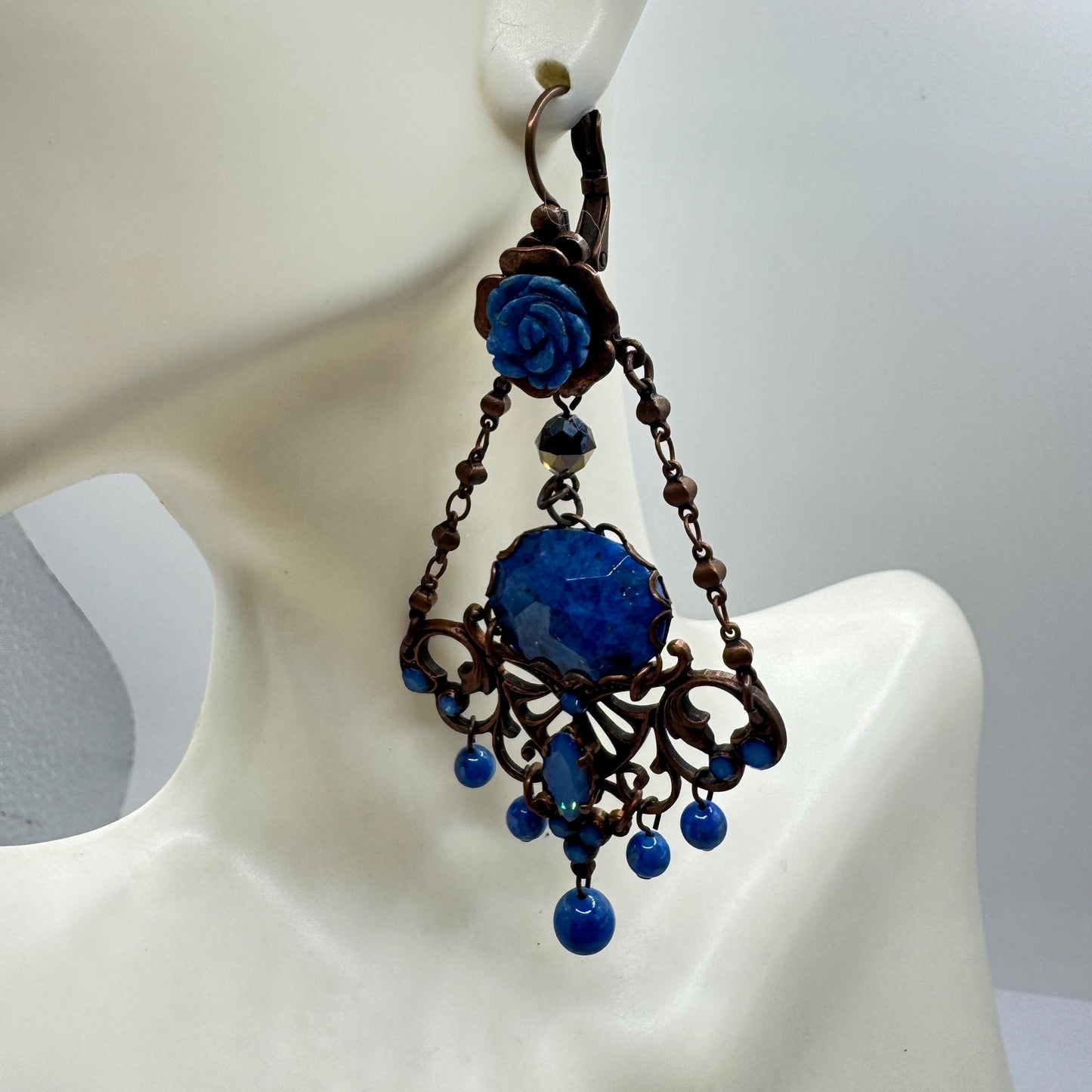 Vintage Blue Lapis Lazuli Bronze Chandelier Earrings Dangle