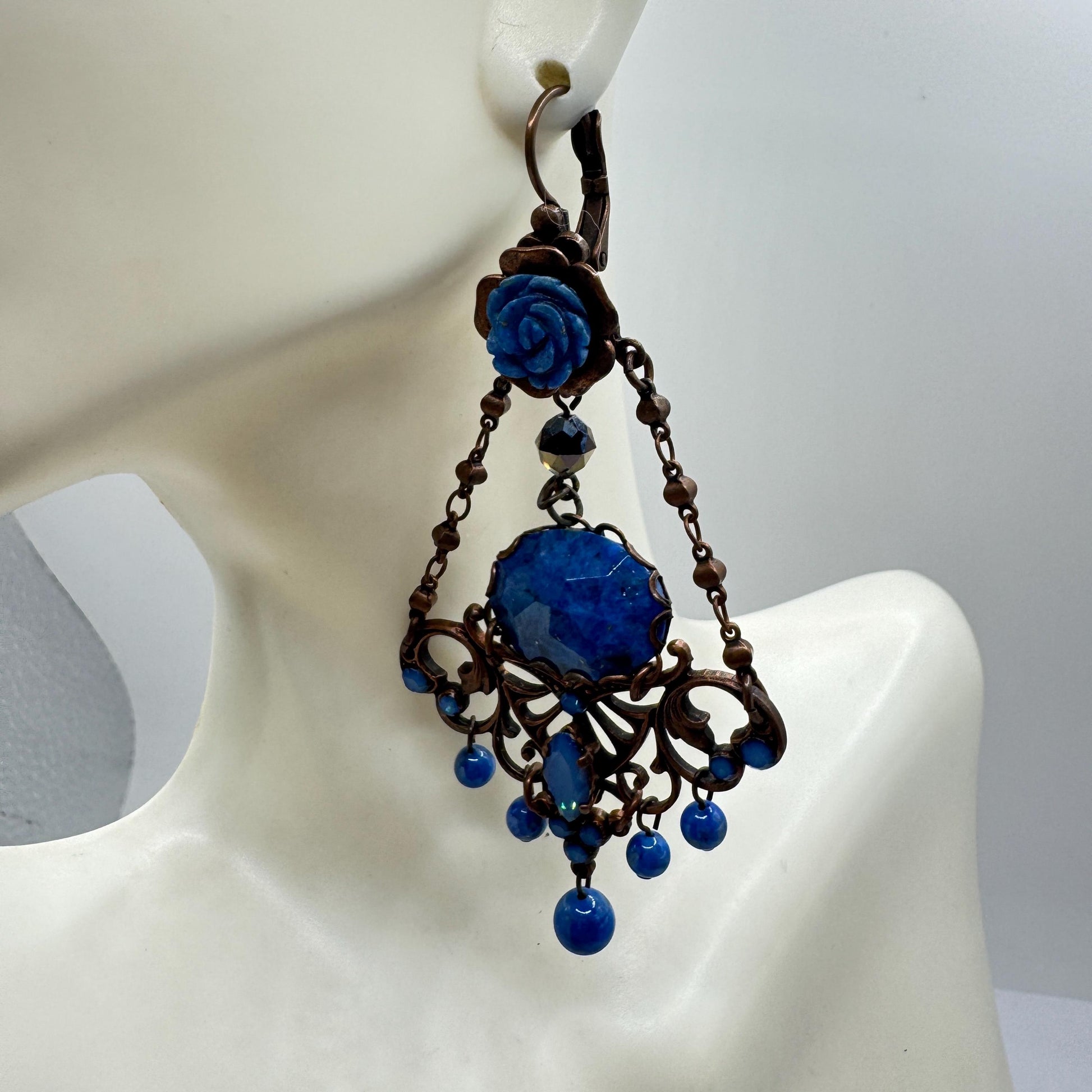 Vintage Blue Lapis Lazuli Bronze Chandelier Earrings Dangle