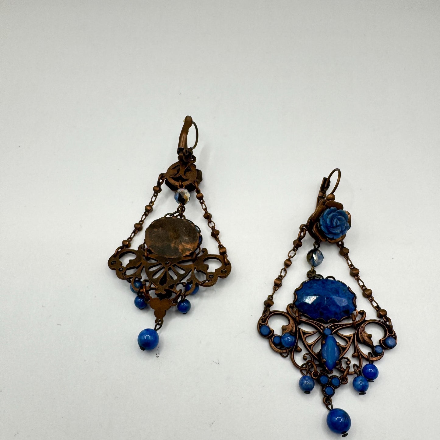 Vintage Blue Lapis Lazuli Bronze Chandelier Earrings Dangle