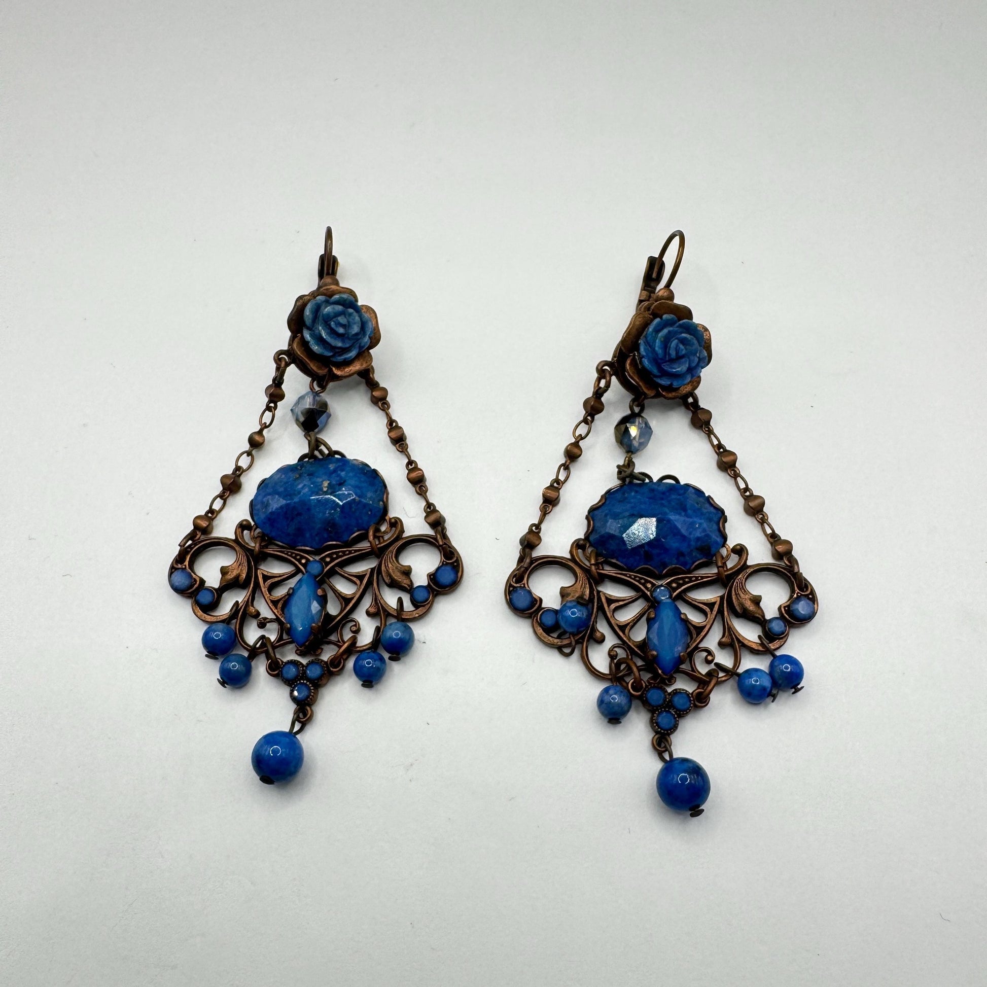Vintage Blue Lapis Lazuli Bronze Chandelier Earrings Dangle
