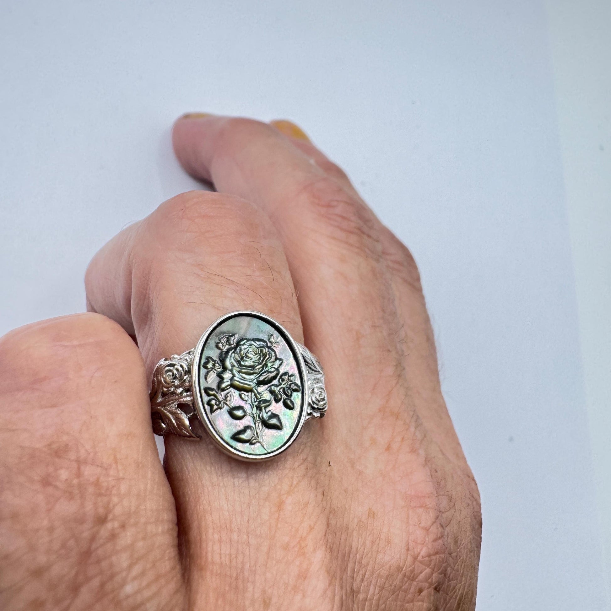 Vintage Rose Flower Abalone Cameo 925 Sterling Silver Ring Adjustable