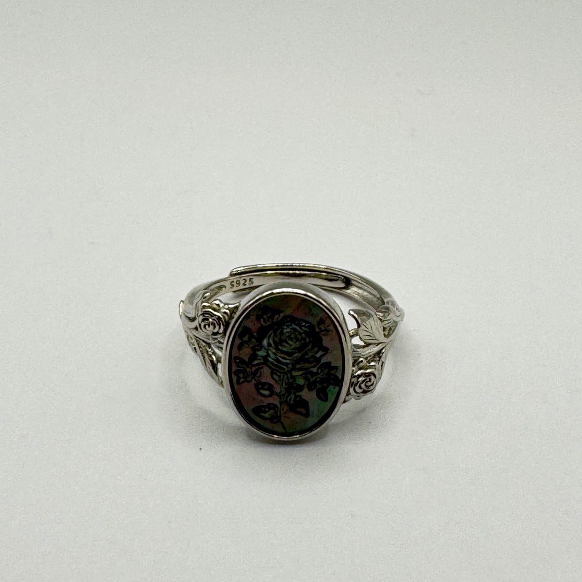 Vintage Rose Flower Abalone Cameo 925 Sterling Silver Ring Adjustable