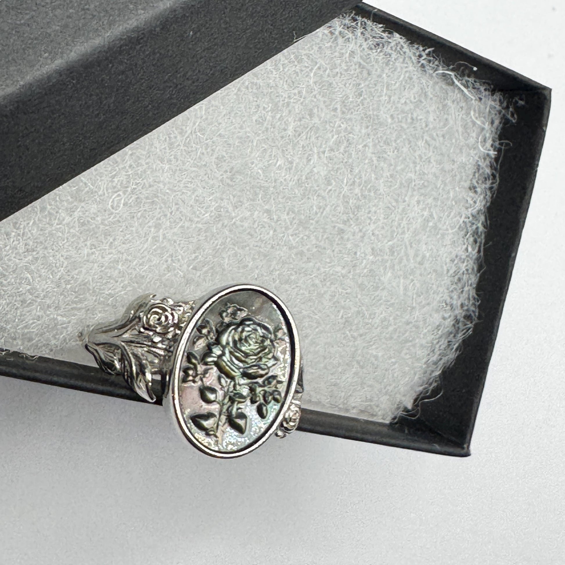 Vintage Rose Flower Abalone Cameo 925 Sterling Silver Ring Adjustable