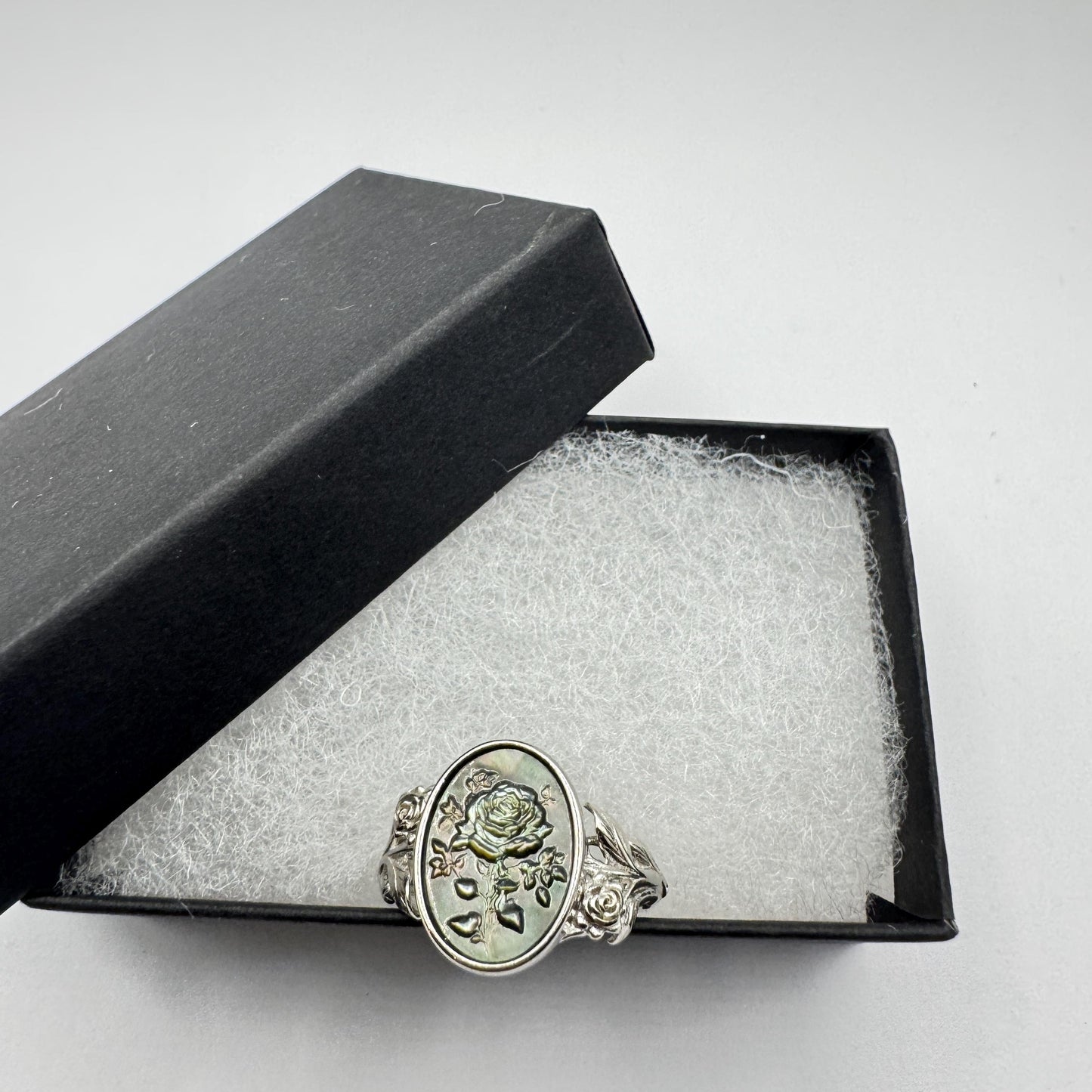 Vintage Rose Flower Abalone Cameo 925 Sterling Silver Ring Adjustable