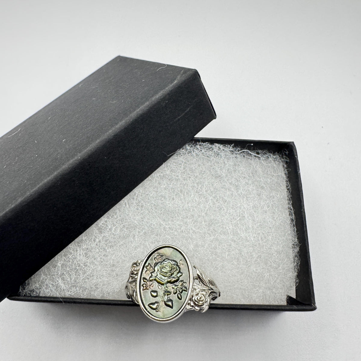 Vintage Rose Flower Abalone Cameo 925 Sterling Silver Ring Adjustable