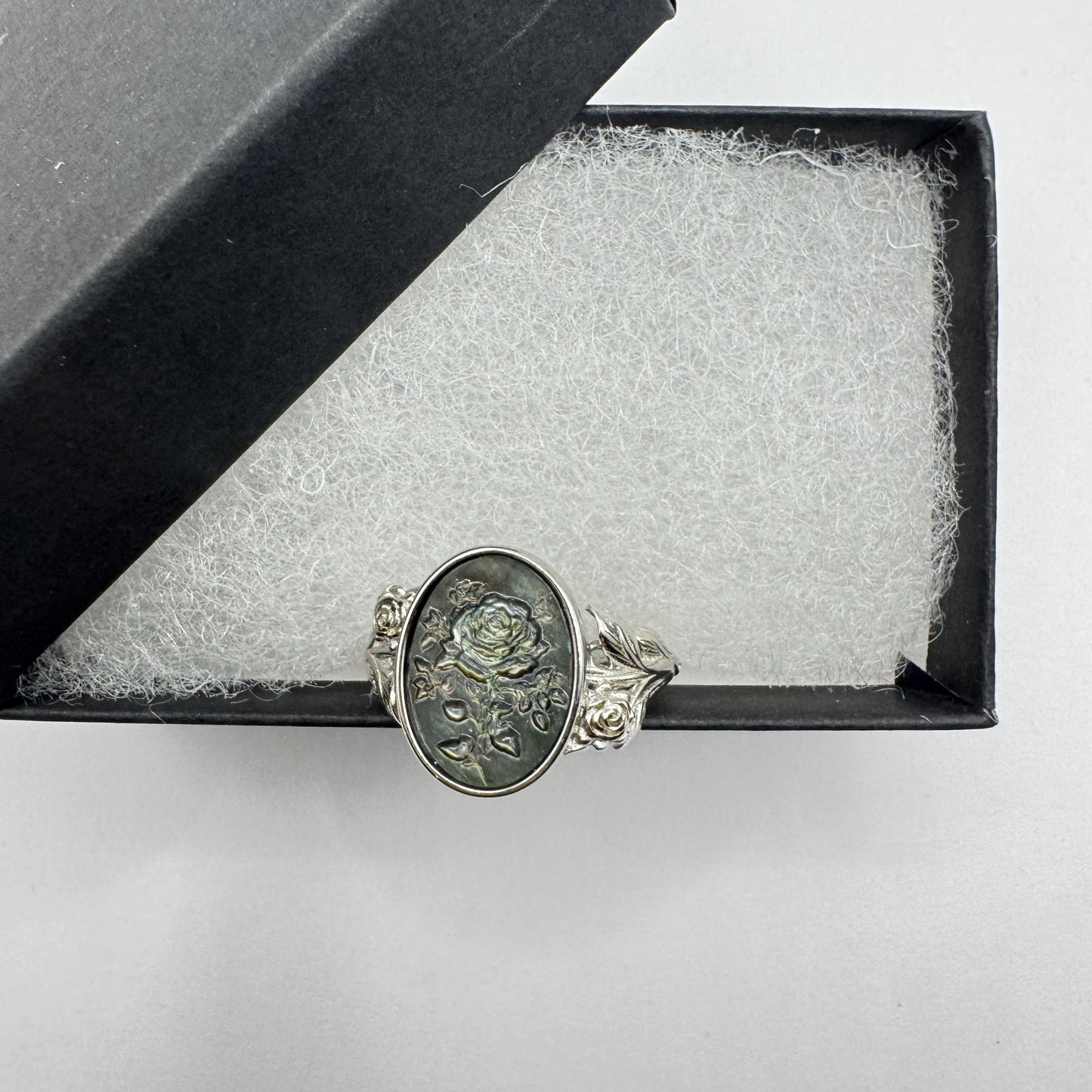 Vintage Rose Flower Abalone Cameo 925 Sterling Silver Ring Adjustable