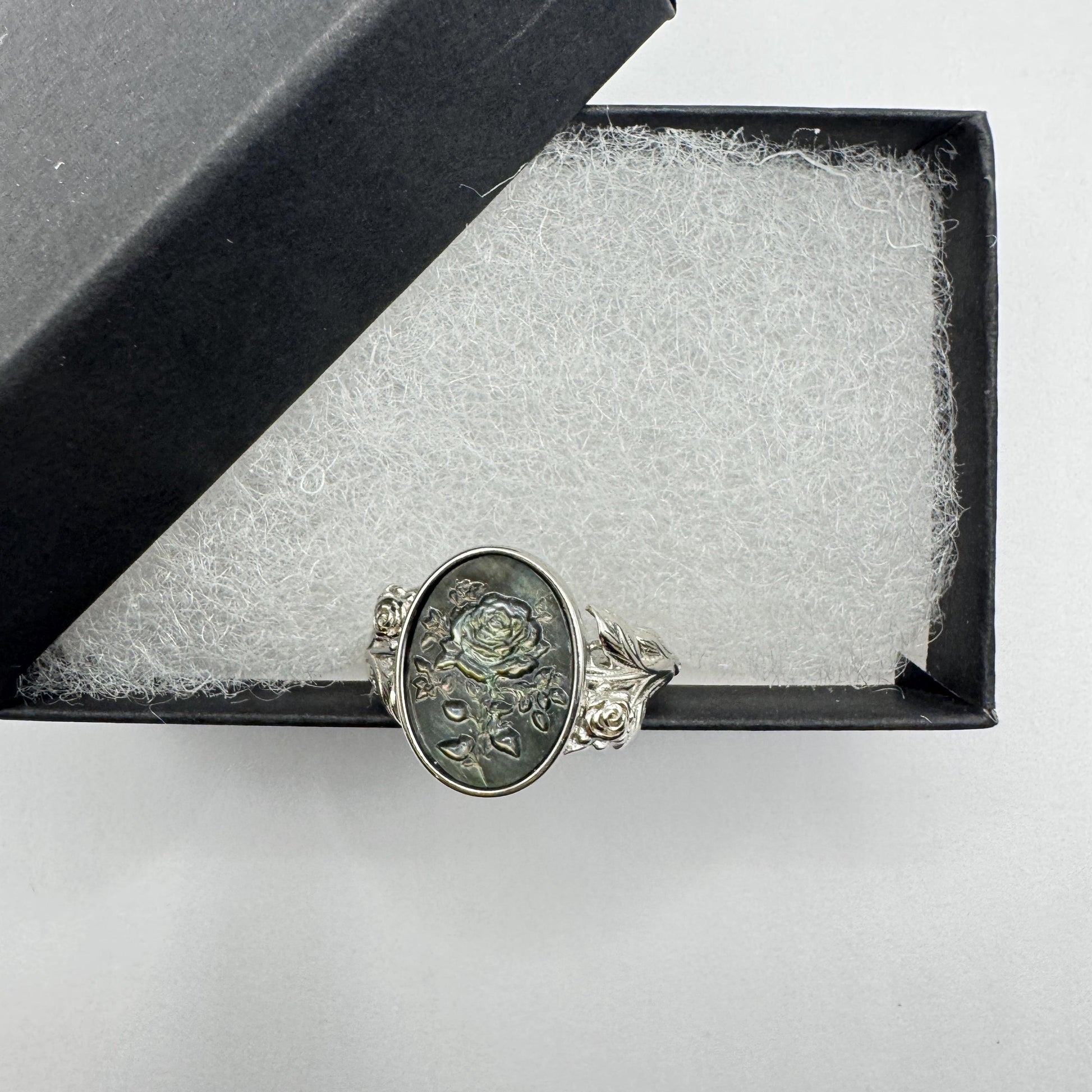 Vintage Rose Flower Abalone Cameo 925 Sterling Silver Ring Adjustable