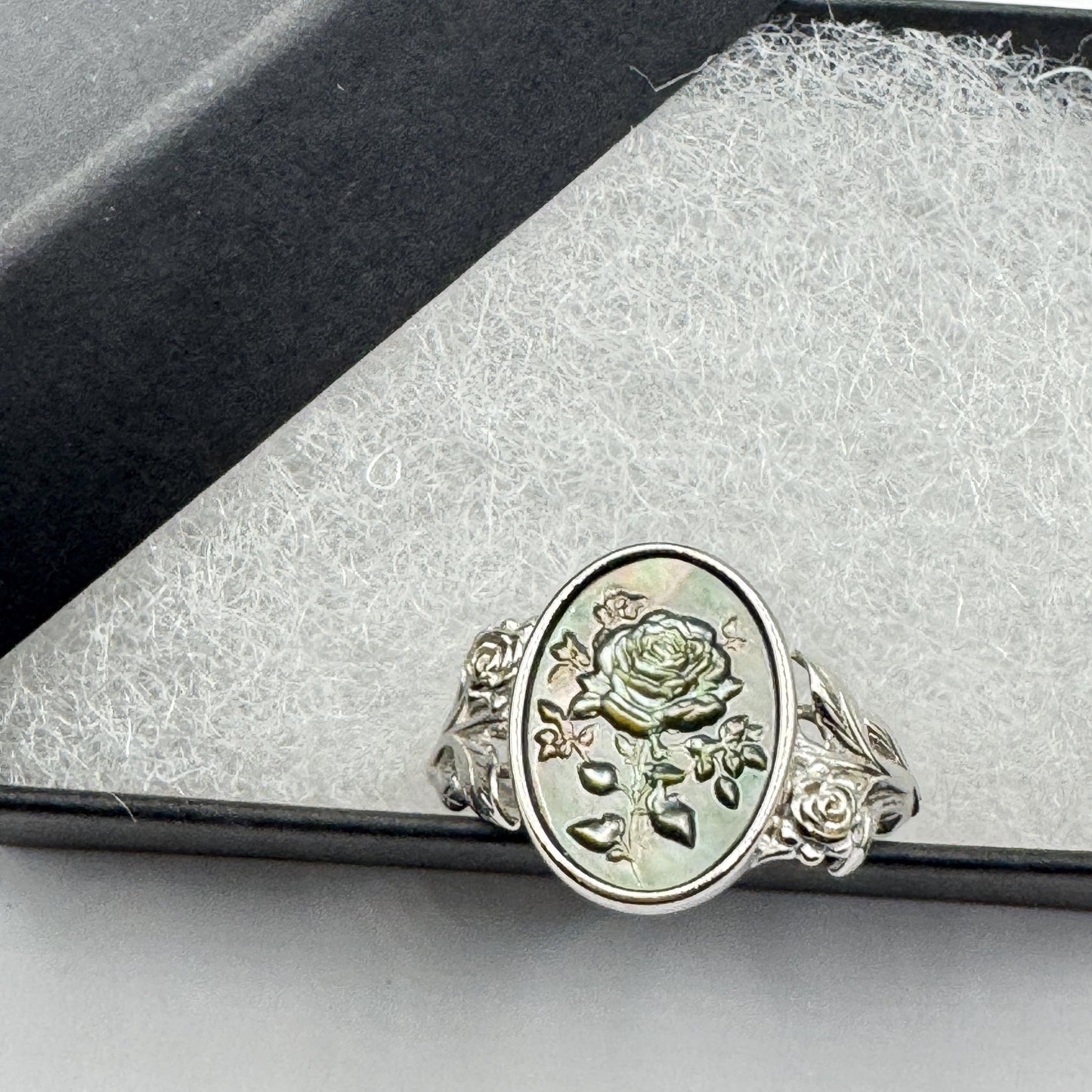 Vintage Rose Flower Abalone Cameo 925 Sterling Silver Ring Adjustable