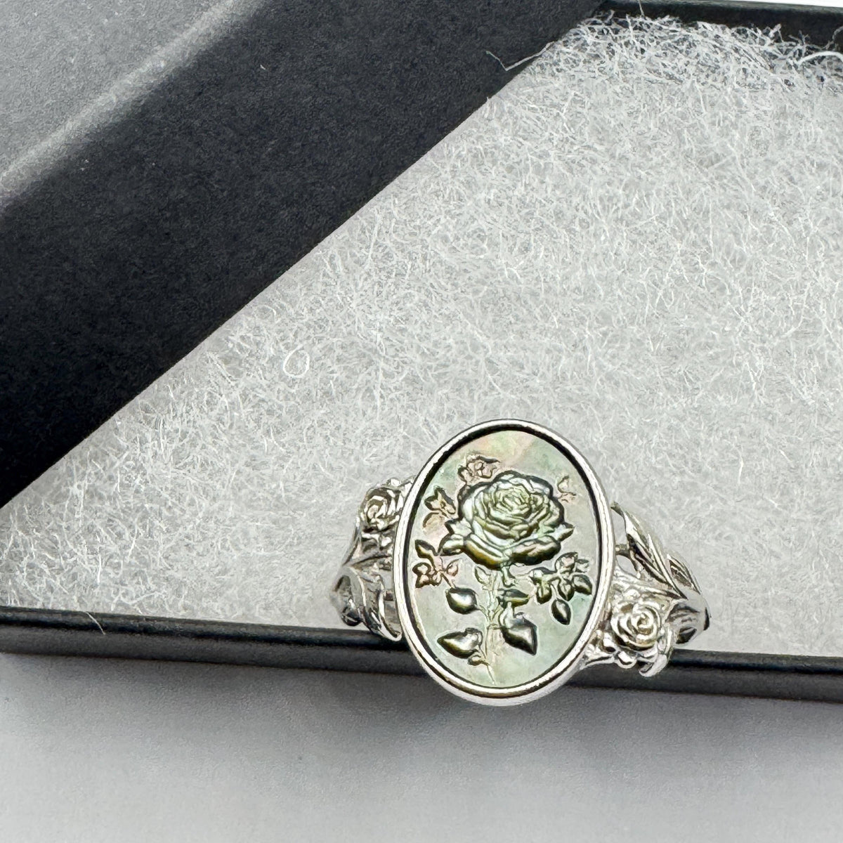 Vintage Rose Flower Abalone Cameo 925 Sterling Silver Ring Adjustable