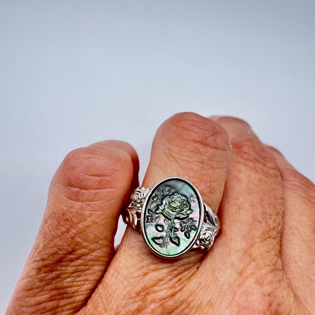 Vintage Rose Flower Abalone Cameo 925 Sterling Silver Ring Adjustable