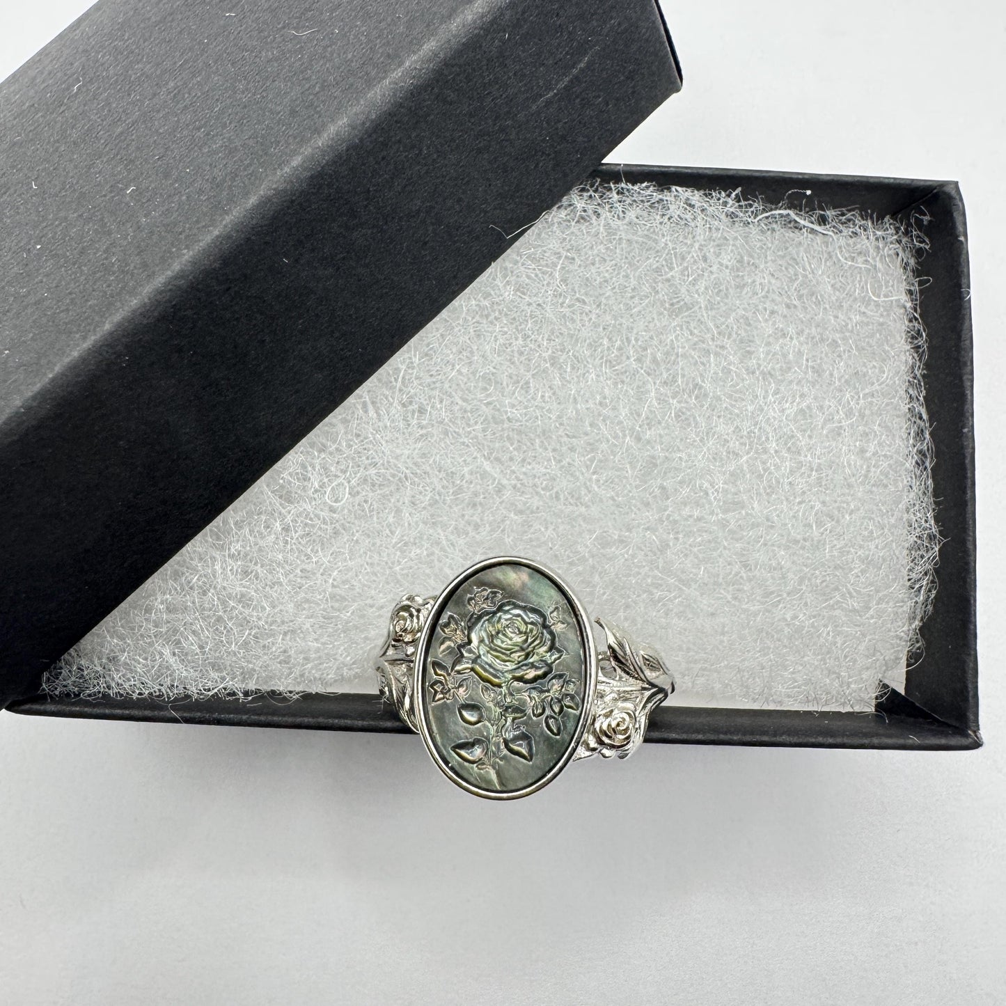 Vintage Rose Flower Abalone Cameo 925 Sterling Silver Ring Adjustable